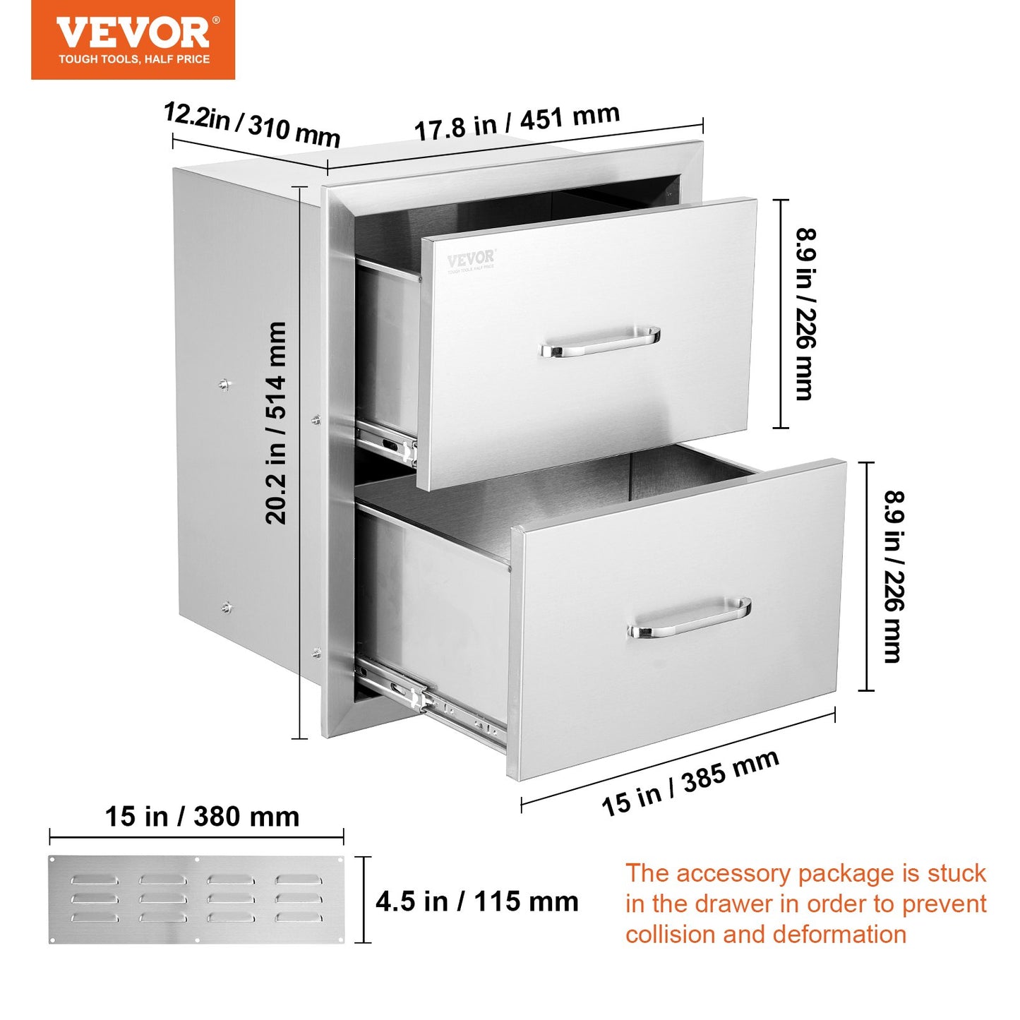 Outdoor Kitchen Drawers 18W x 20.6H x 12.7D Inch, Flush Mount Double BBQ Drawers Stainless Steel with Handle, BBQ Island Drawers for Outdoor Kitchens or Patio Grill Station
