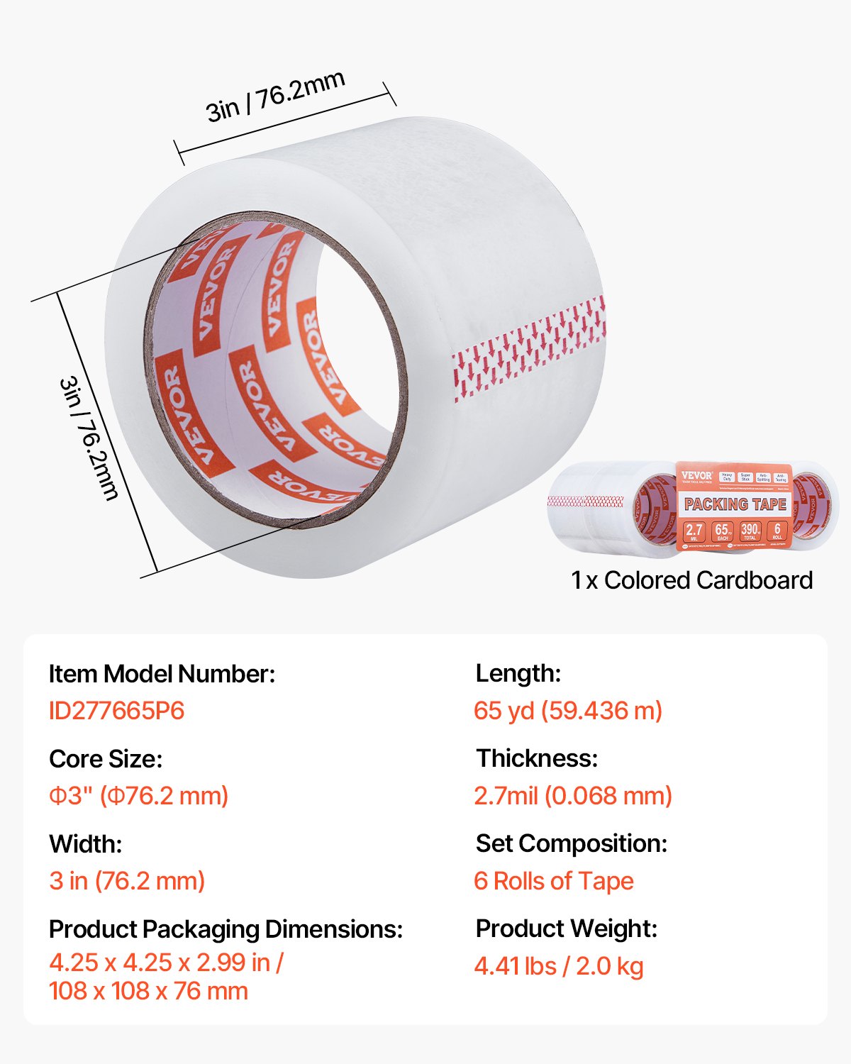 Clear Packing Tape, 3 inches Core, 6 Rolls 3 Inches x 65 Yards Packing Tapes, 2.7 Mil Thick, Heavy Duty Packaging Tape Designed for Moving, Storage and Packing, Shipping and Mailing, Office