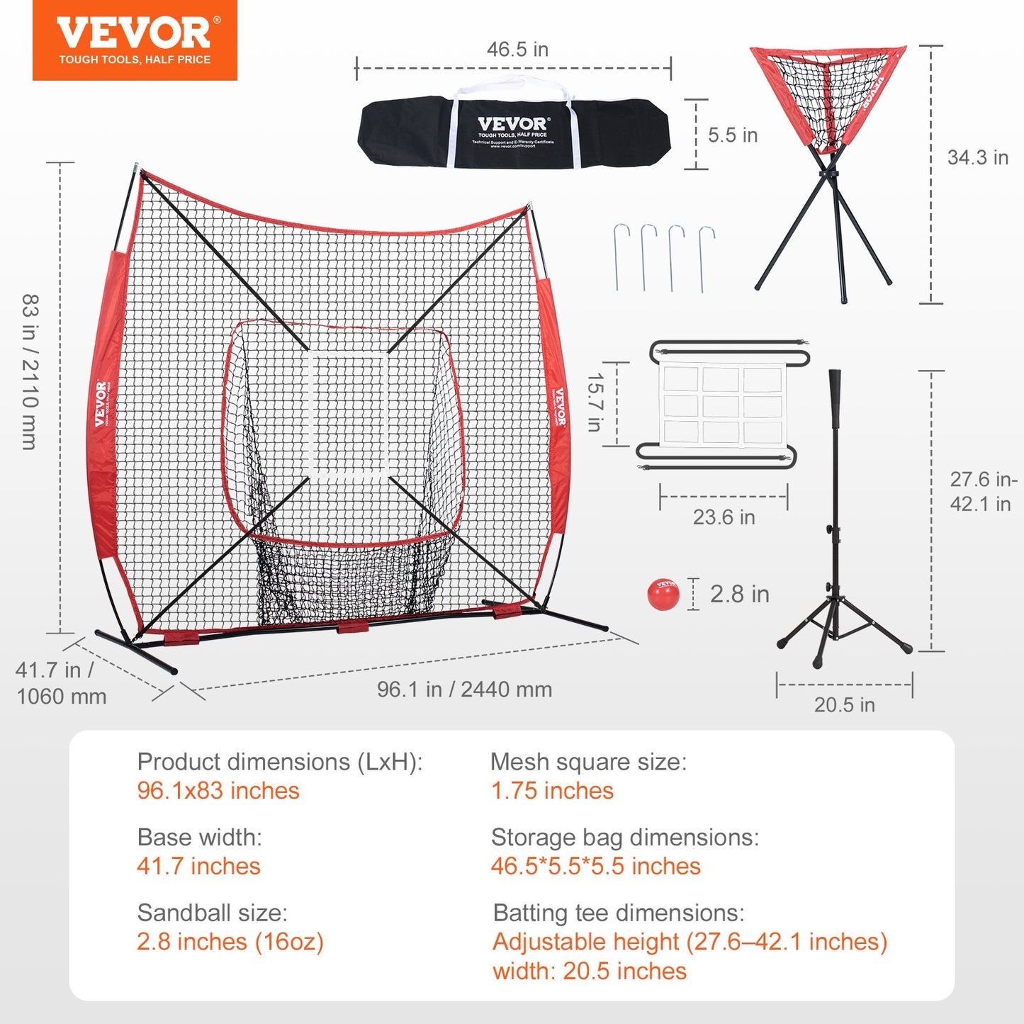 7x7 ft Baseball Softball Practice Net, Portable Baseball Training Net for Hitting Catching Pitching, Backstop Baseball Equipment with Bow Frame, Carry Bag, Strike Zone, Ball, Tee, Ball Collector