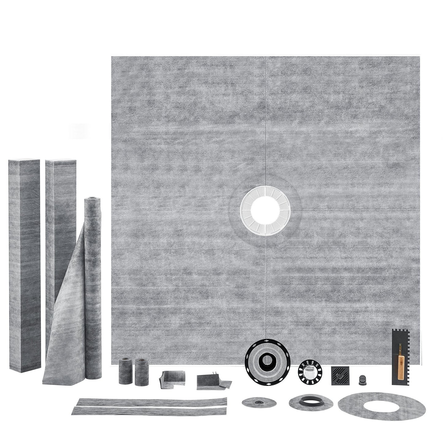 Shower Curb Kit, 1828x1828mm Shower Pan Kit with 50.8mm ABS Central Flange, 101.6mm Stainless Steel Grate, Waterproof Shower Curb & Membrane & Strip, Shower Pan Slope Sticks Fit for Bathroom