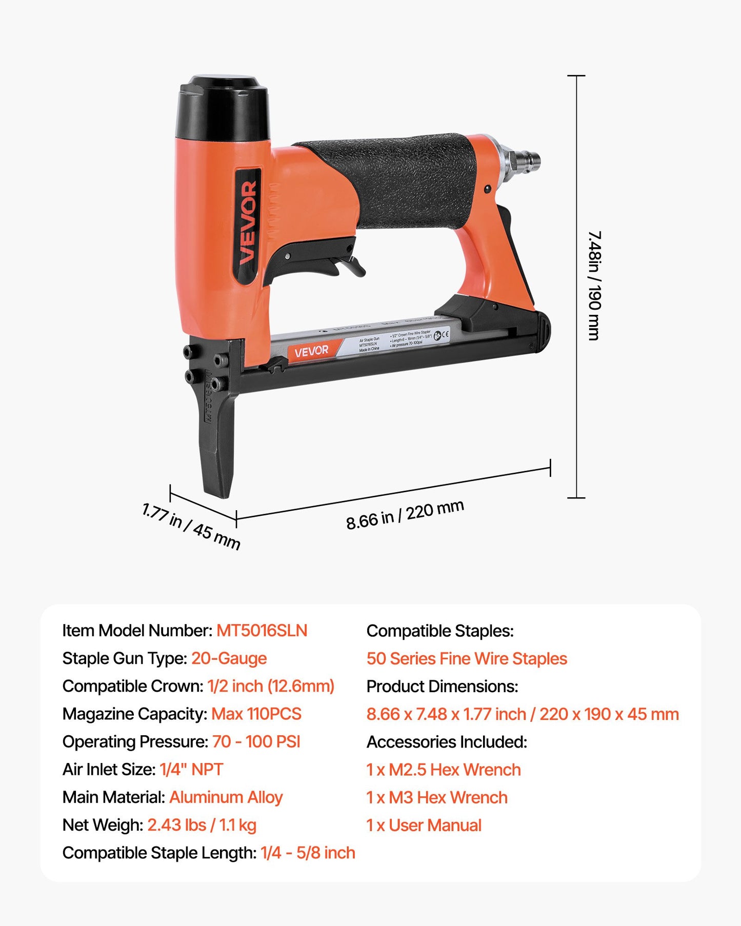 Pneumatic Staple Gun, 20 Gauge Long-Nose Upholstery Stapler for 50 Series Fine Wire Staples 12.8mm Crown 6mm-16mm Length, Max 110PCS Loading Air Staple Gun for Upholstering, Woodworking, DIY