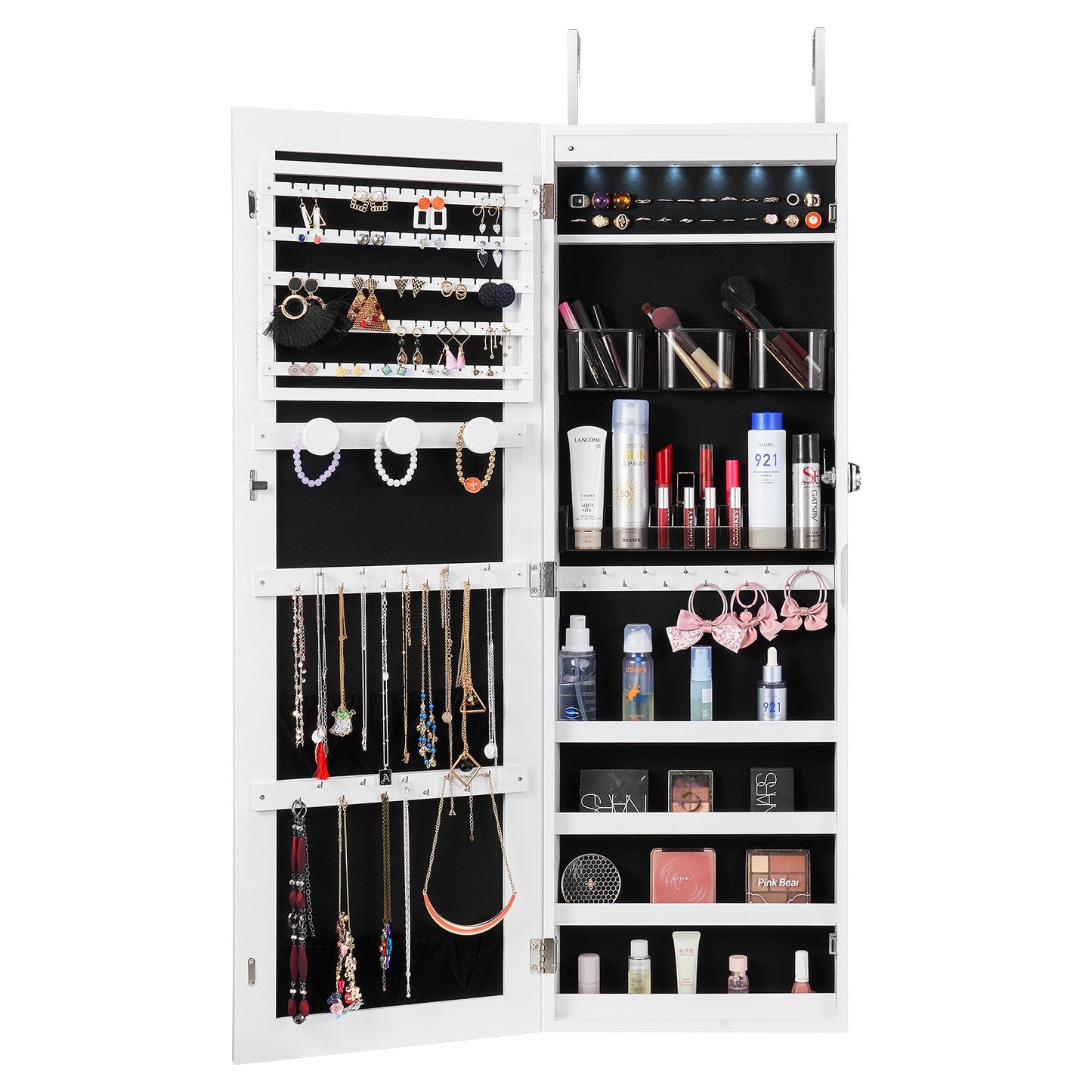 Mirror Jewelry Cabinet, 42.52-Inch Tall Lockable Jewelry Cabinet Armoire with Full-Length Mirror, Wall or Door Mounted Jewelry Mirror Organizer with LED Interior Lights and Velvet Lining, White
