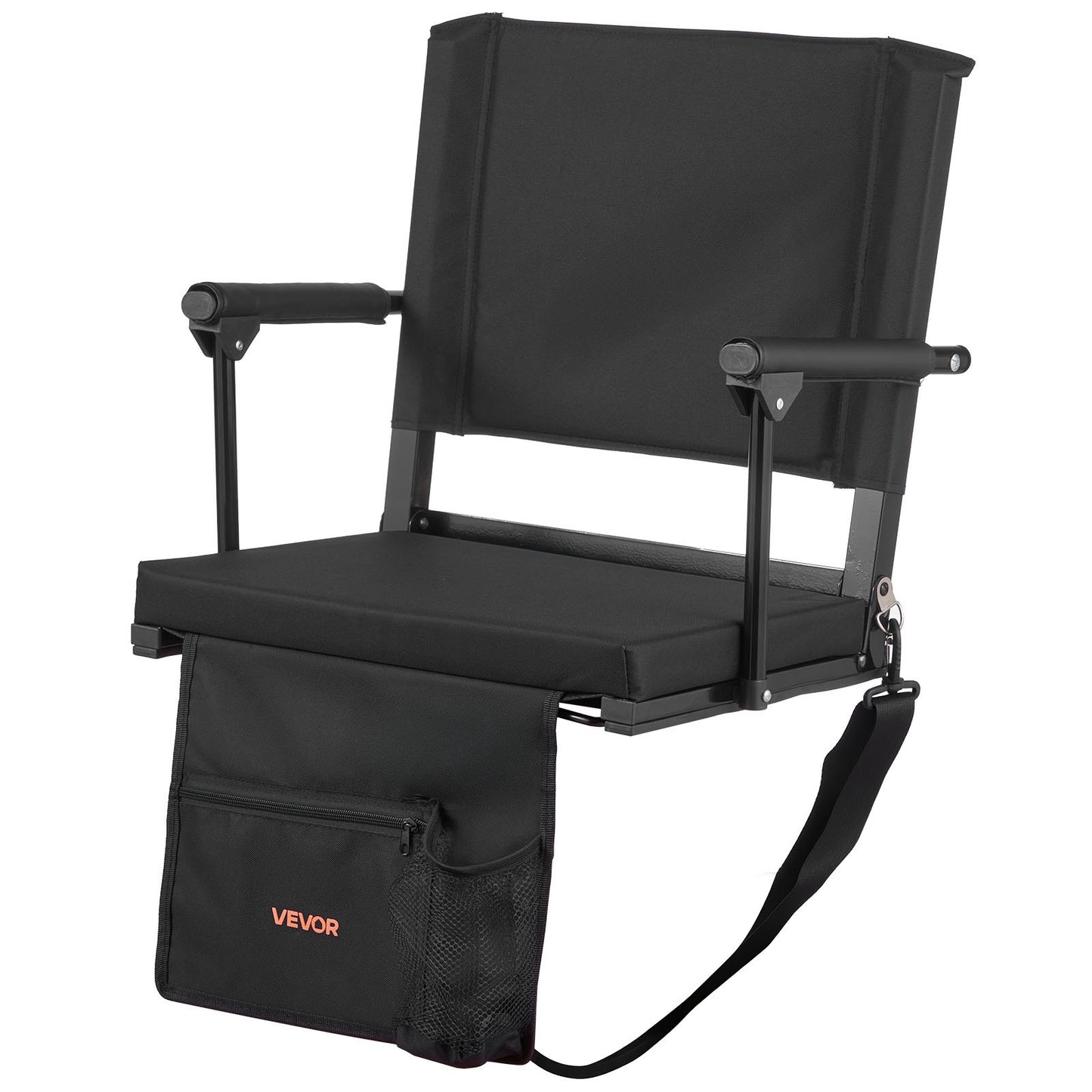 Stadium Seat, Portable Bleacher Seat with Armrest, Back Support and Thick Cushion, Bench Chair for Bleacher Includes Shoulder Strap, Hooks, Cup Holder, Black Football Bleachers Seats, 2PCS