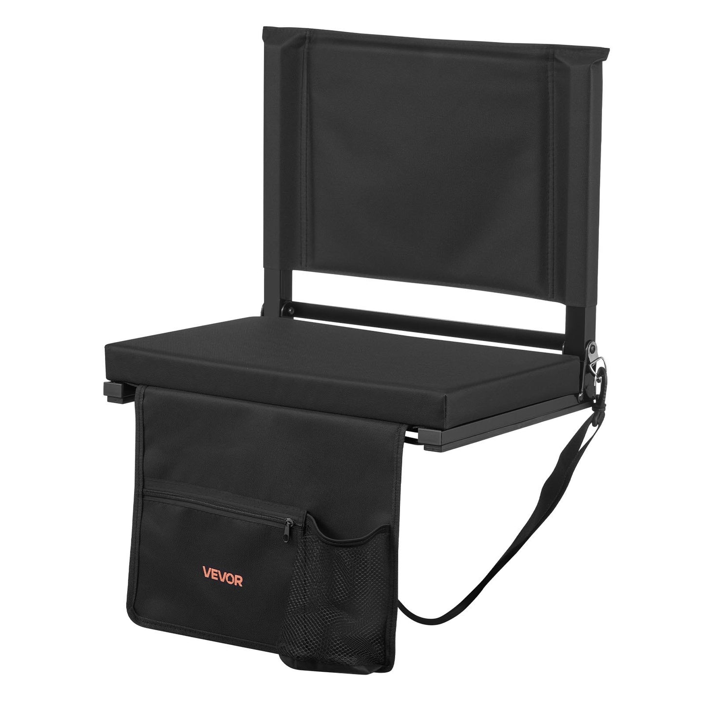 Stadium Seat, Folding Bleacher Seat with Back Support and Thick Cushion, Padded Stadium Seats for Bleacher Includes Shoulder Strap, Hooks, Cup Holder, and Side Pocket, Black Bleachers Chair