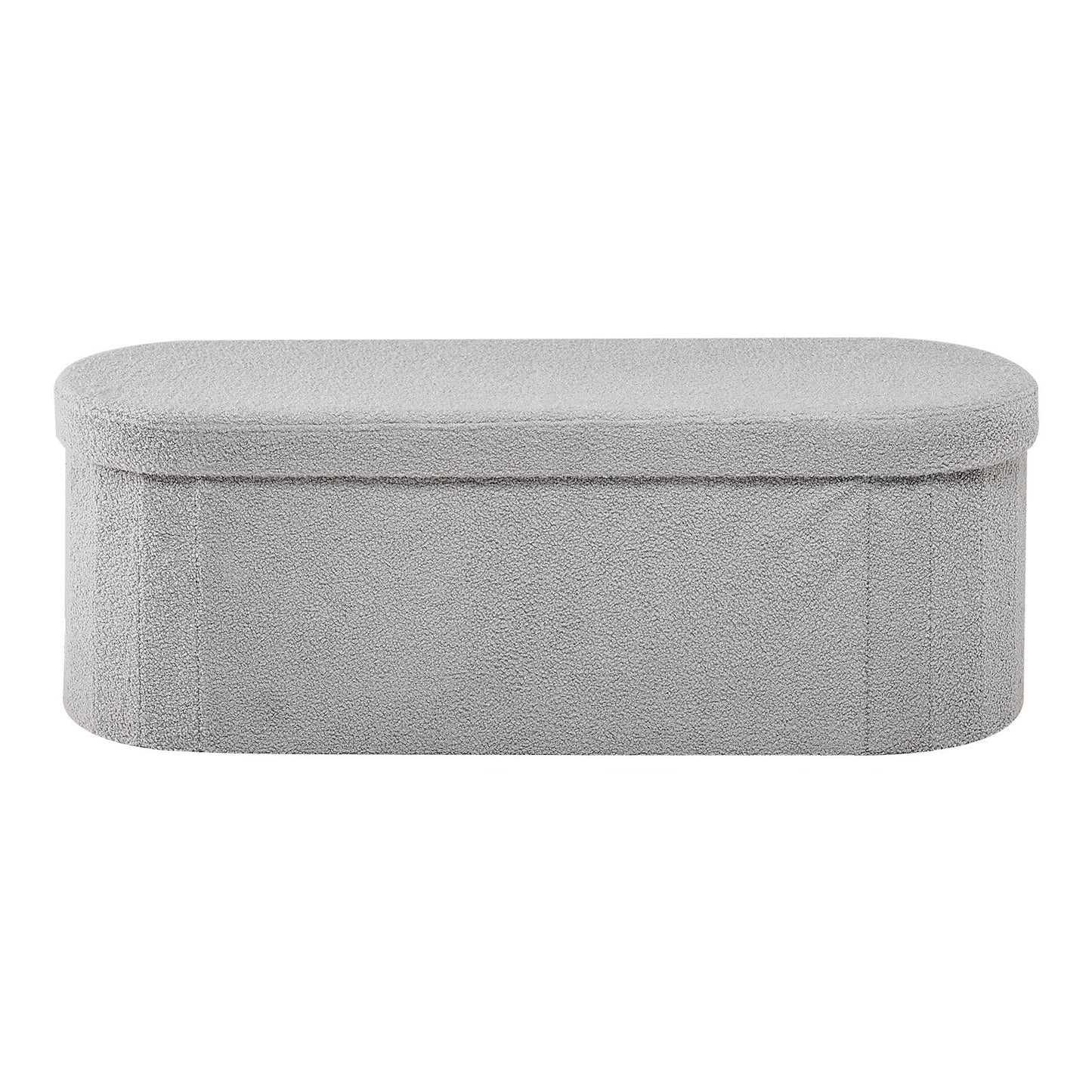 Oval Storage Ottoman Bench, Foldable Teddy Fleece End of Bed Bench, Folding Upholstered Bed Ottoman Chest with Large Storage Space, Supports 660 lbs, for Living Room, Bedroom, Entryway, Grey