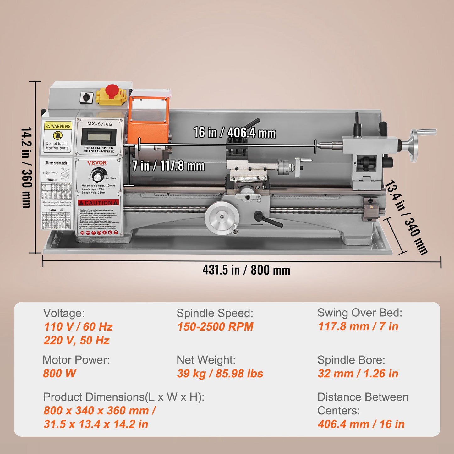 Mini Metal Lathe Machine, 17.8 cm x 40.7 cm, 800W Precision Benchtop Power Metal Lathe, 150-2500 RPM Continuously Variable Speed, with 9.9 cm 3-jaw Metal Chuck Tool Box for Processing Precision Parts