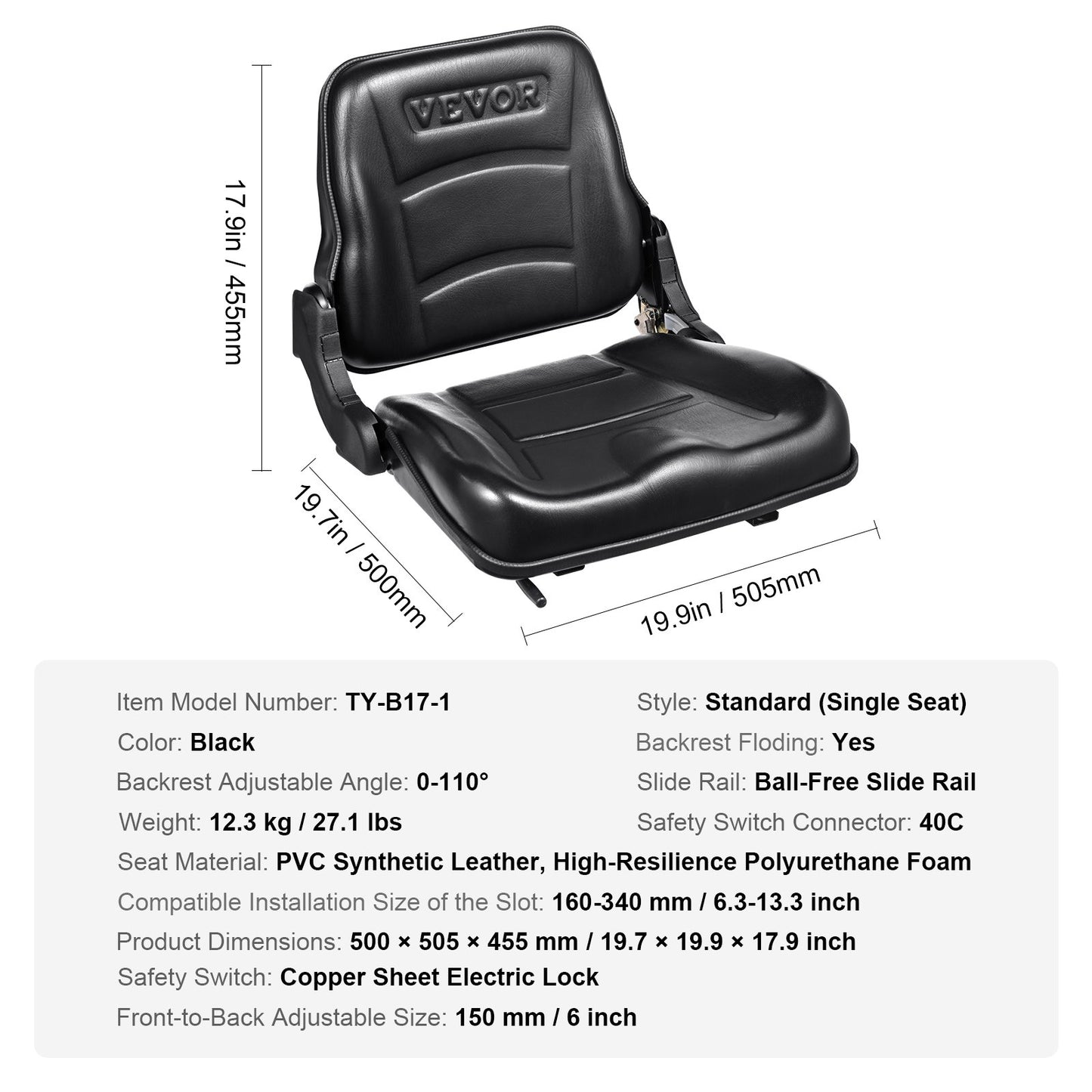Universal Forklift Seat, Fold Down Tractor Seat with Adjustable Angle Back and Micro Switch, 6.3-13.4 inch Extended Slot Comfortable Forklift Seat for Tractor Loader Excavator