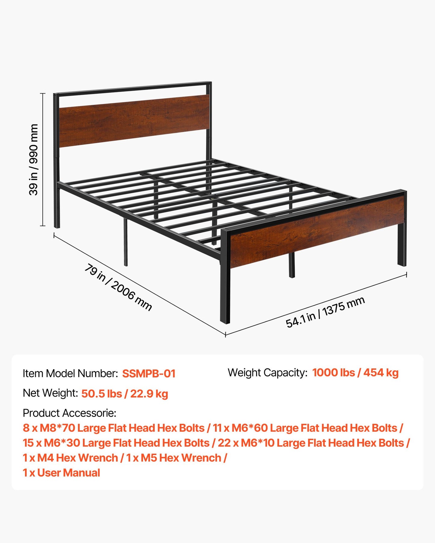 Full Size Bed Frame, 35 cm Black Metal Platform Bed Frame with Retro Brown Wooden Headboard and Footboard, Large Under-Bed Storage, Non-Slip Without Noise, No Box Spring Needed, Easy Assembly