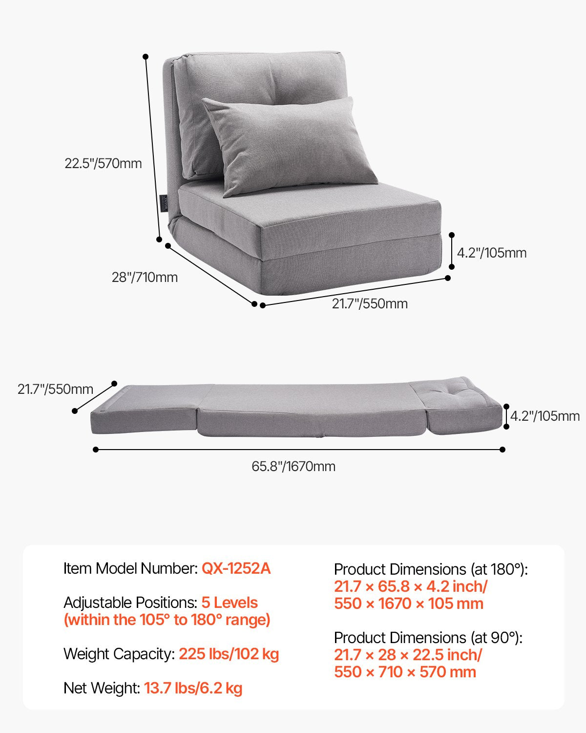 Convertible Flip Chair, 5-Position Adjustable Floor Lazy Sofa, Folding Upholstered Couch Bed with Adjustable Backrest Metal Frame and Pillow, Folding Sofa Bed Chair for Living Room Bedroom, Gray