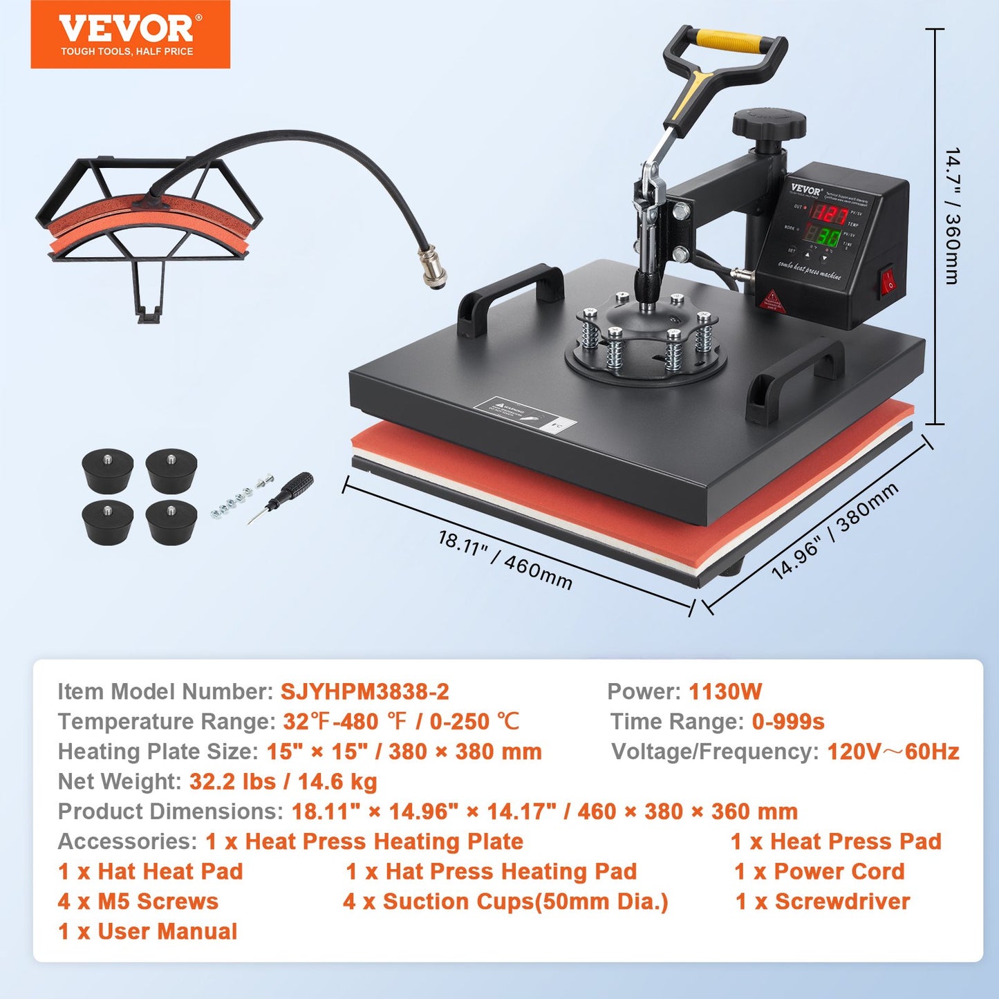 Heat Press Machine, 15x15inch / 38x38cm, 2IN1 Clamshell Sublimation Transfer Printer with Teflon Coating, Digital Precise Heat Control, Powerpress for T-shirts Hats Caps