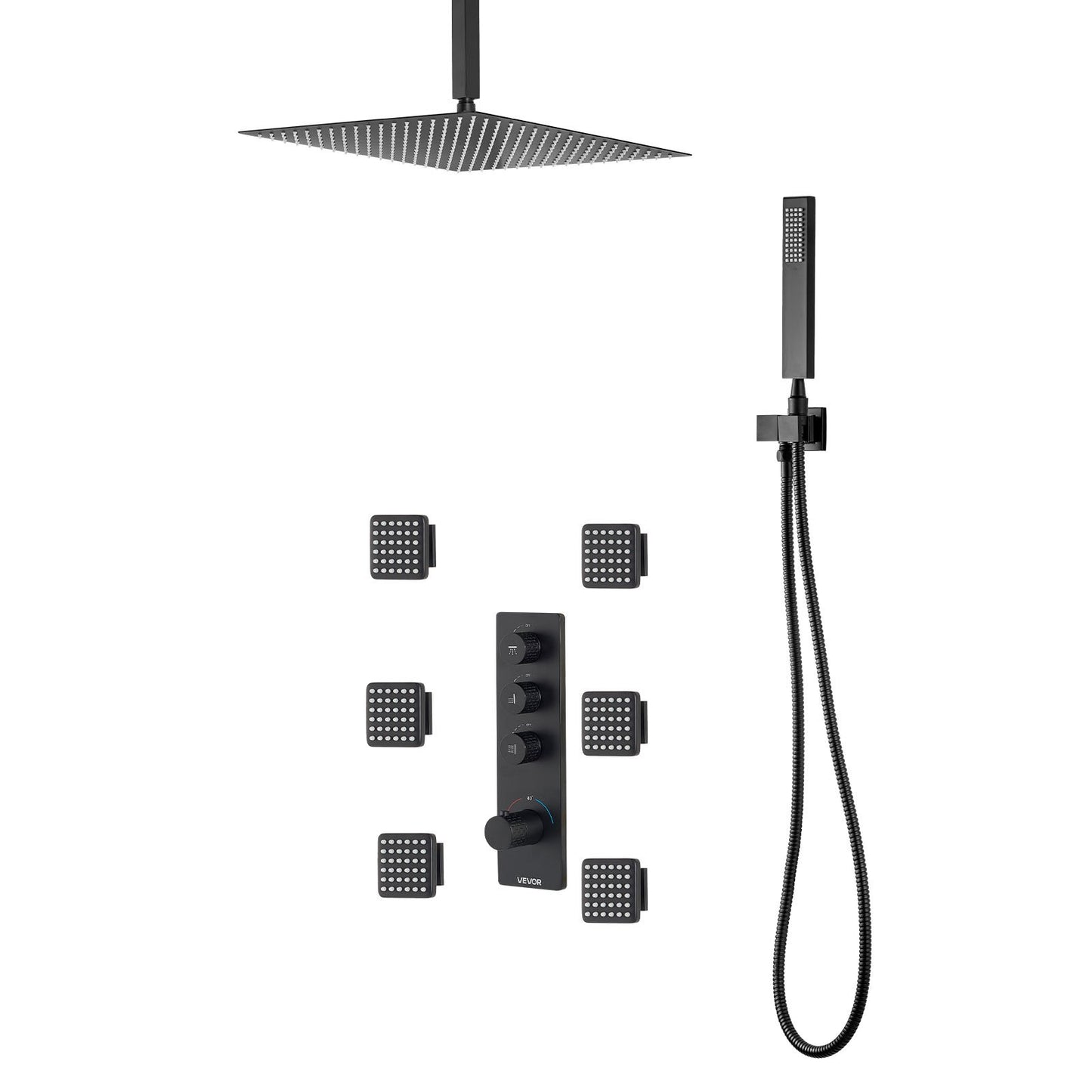 Shower Faucet Set, 406 mm Thermostatic Ceiling Mount Rainfall Shower System with 6 Body Jets and Handheld Spray, Rotatable 3-Function Rain Head Complete Brass Valve and Trim Kit, Matte Black