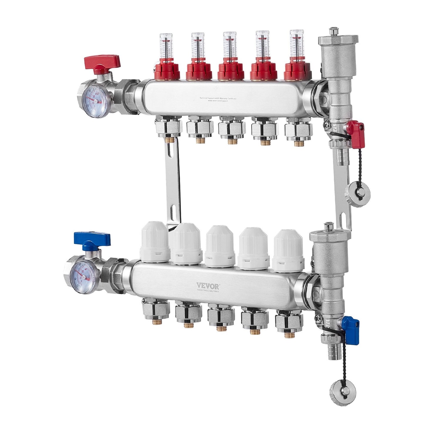 5-Branch Radiant Heat Manifold, 1/2" PEX Tubing Manifold, Stainless Steel PEX Manifold for Hydronic Radiant Floor Heating, Radiant Heat PEX Manifold Kit with 1/2" Adapters Included