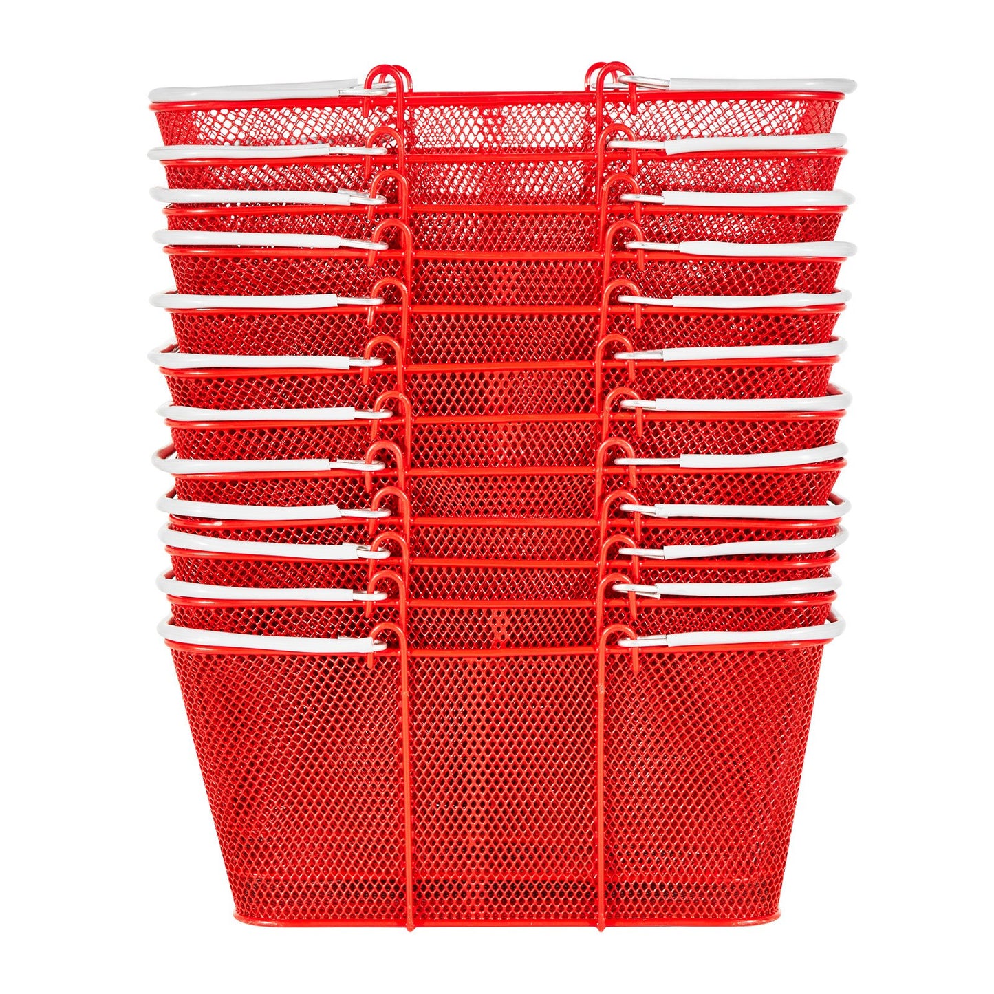 Shopping Baskets, 12 PCS, 22L Stackable Metal Grocery Baskets with Handles, Dense Mesh Structure, Holds up to 20 kg, Portable for Grocery, Retail, Stores, Supermarket, Bookstore, Home Use, Red