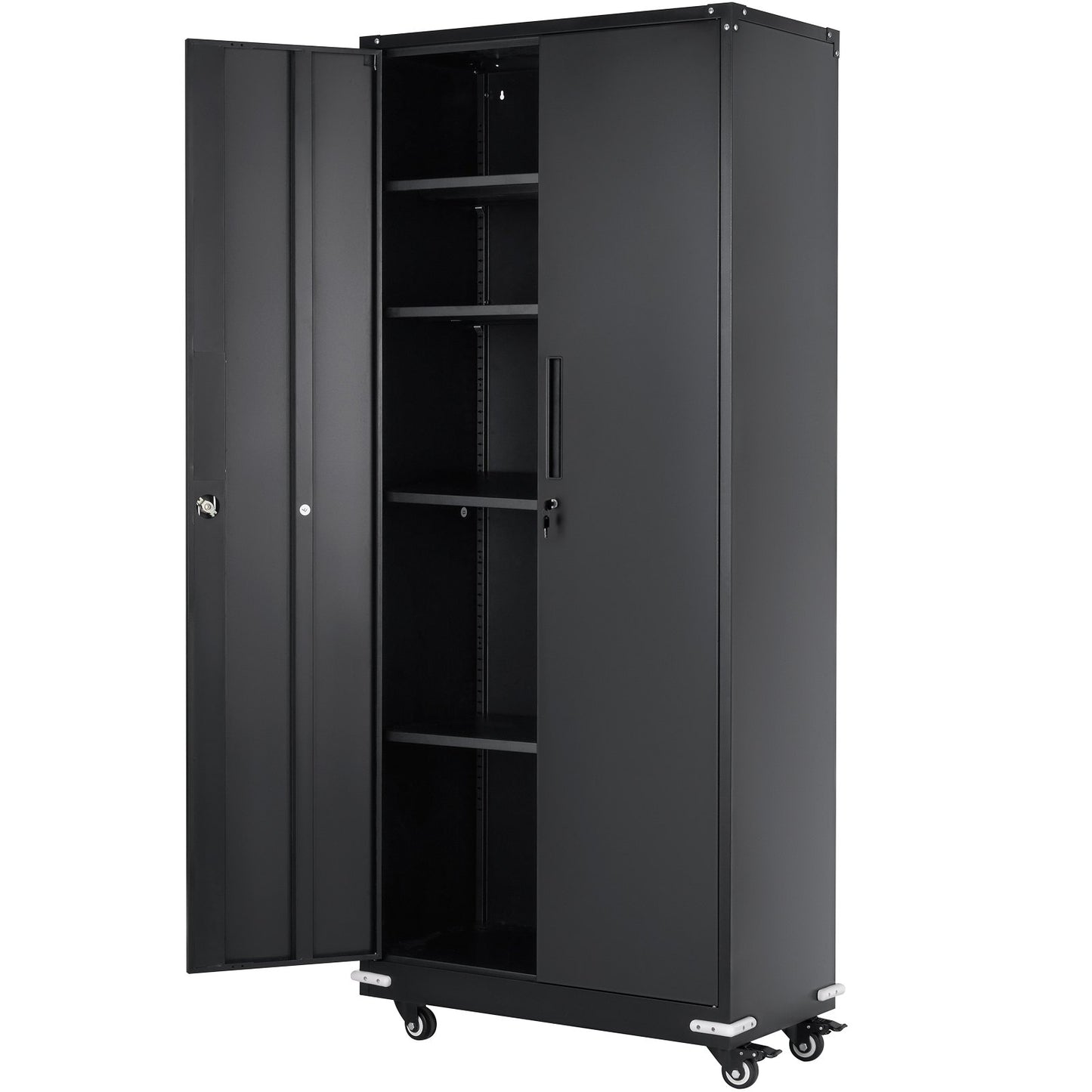 Metal Storage Cabinet with Wheels, 190.5 cm Locking Cabinet with 4 Adjustable Shelves & 2 Magnetic Doors, 90.7 kg Capacity per Shelf, Metal Cabinet with 3 Keys for Office, Garage, Home, Black