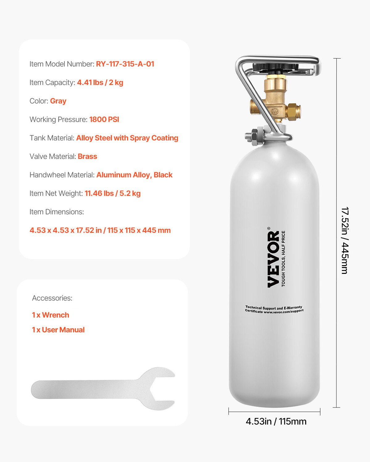 CO2 Tank, 4.41 lbs New Alloy Steel Cylinder, CO2 Air Tank with Gray Spray Coating, DIN477 Valve, Handle & Adjustable Pressure, TUV Approved Gas Cylinder for Draft Beer Dispensing and Soda Maker