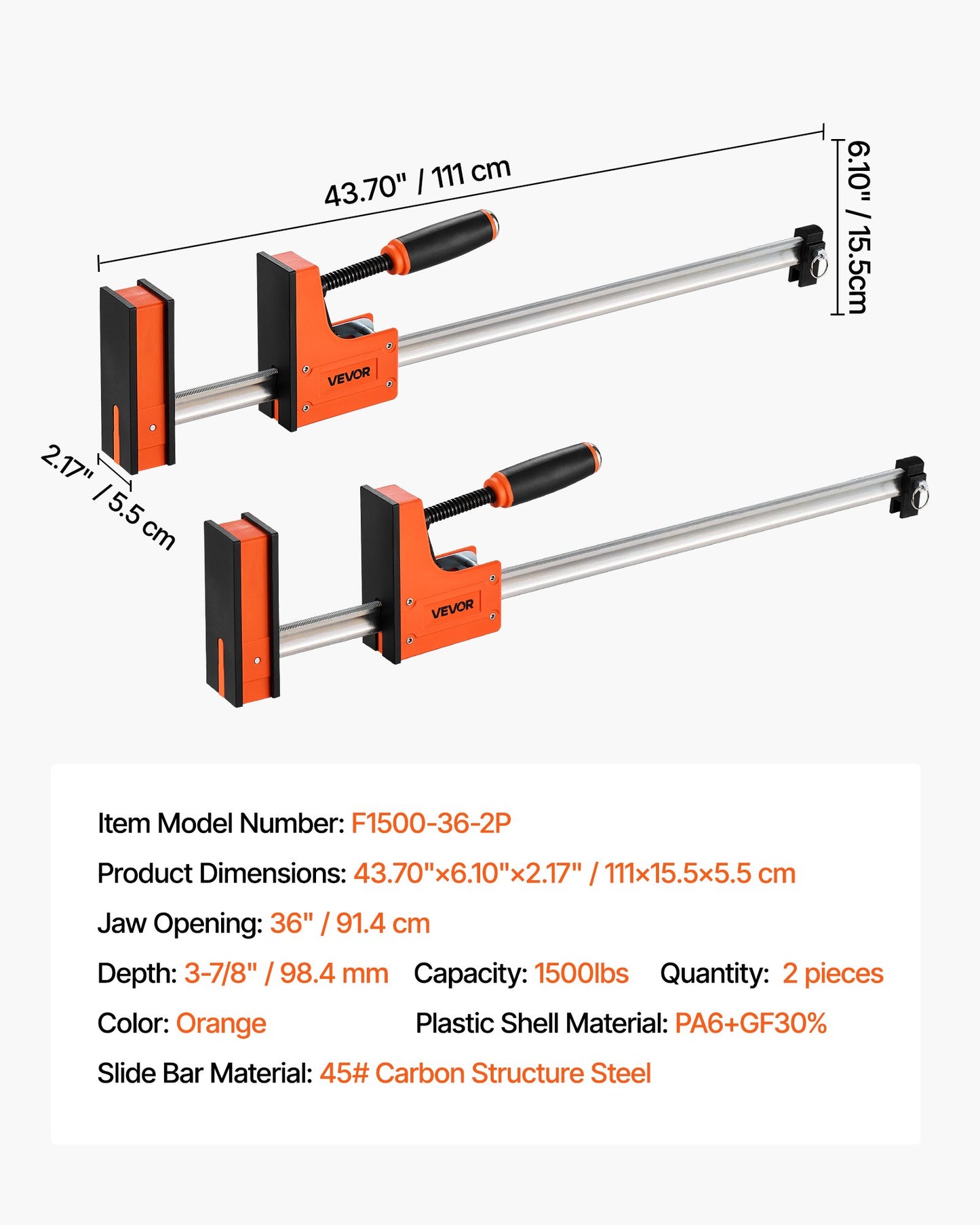 Bar Clamps for Woodworking, 2-Pack 91.4 cm Parallel Clamp Set, F-Clamp with 680 kg Load Limit, Even Pressure, High-strength Plastic and Carbon Steel, for Woodworking Metal Working, Orange