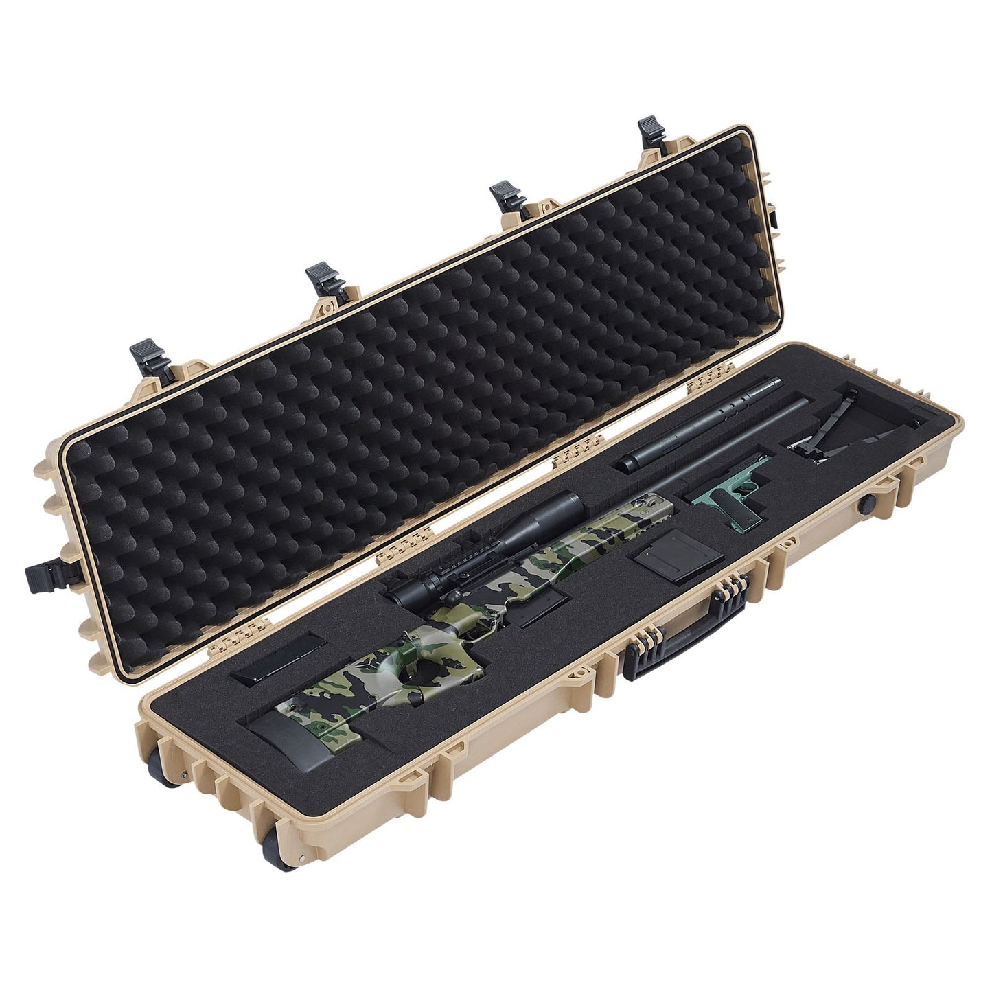 Hard Rifle Case, Lockable Rifle Case with Pre-cut Foams, 1270 mm Movable Gun Storage with Wheels, IP67 Waterproof & Dustproof Pistol Storage for Rifle, Shotgun, Airsoft Gun, Khaki