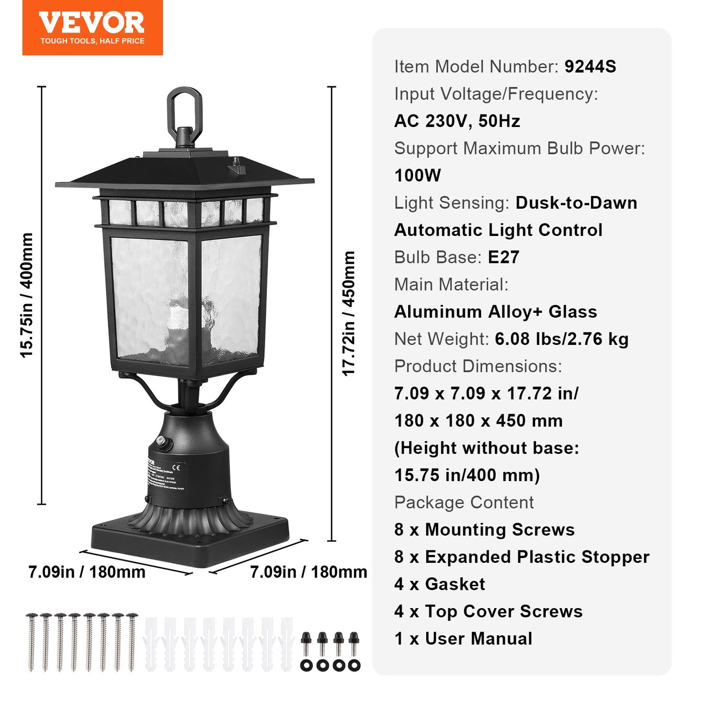 2 Pack Dusk to Dawn Outdoor Post Light, 400 mm, Waterproof Lamp Post Light Fixtures with 3.5 in Pier Mount Base Glass Shade, Lightning-proof Exterior Pole Column Light for Patio Garden Pathway