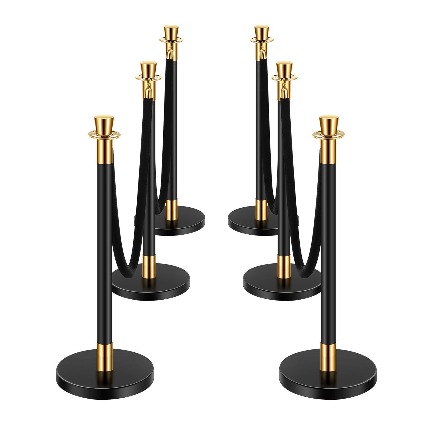 Stanchion Post, 6 Pcs Crowd Control Barrier with 4 Black Velvet Ropes, 5 ft Stainless Steel Stanchion Post Queue with Sand Injection Hollow Base for Theater, Party, Wedding, Exhibition, Black