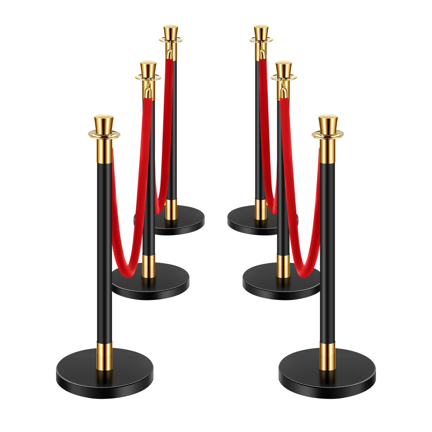 Stanchion Post, 6 Pcs Crowd Control Barrier with 4 Red Velvet Ropes, 5 ft Stainless Steel Black Stanchion Post Queue with Sand Injection Hollow Base for Theater, Party, Wedding, Exhibition