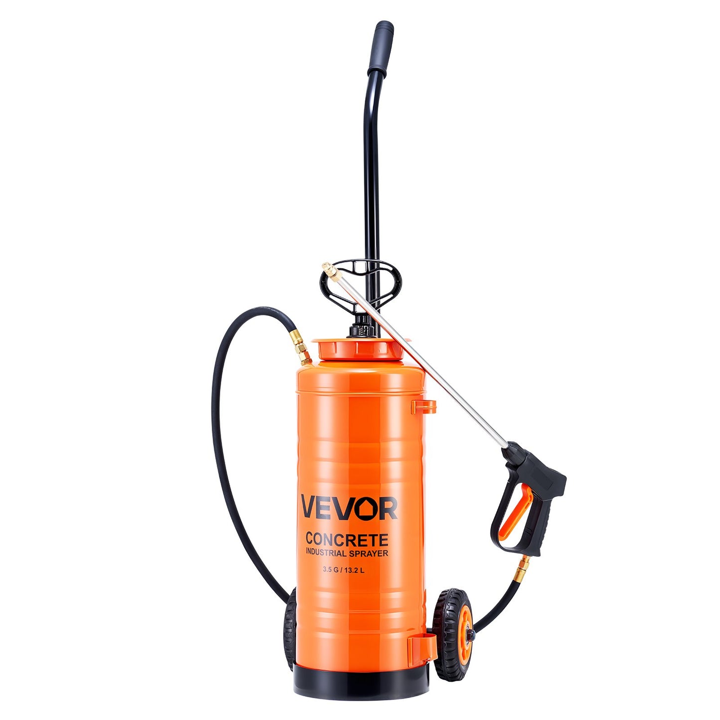 Industrial Concrete Sprayer with Wheeled Cart, 14L Stainless Steel Sprayer, Heavy Duty Tri-Poxy Pump Sprayers, 52cm Wand, 1.2m & 3m Hoses, 2 Brass Nozzles for Construction, Lawn & Garden