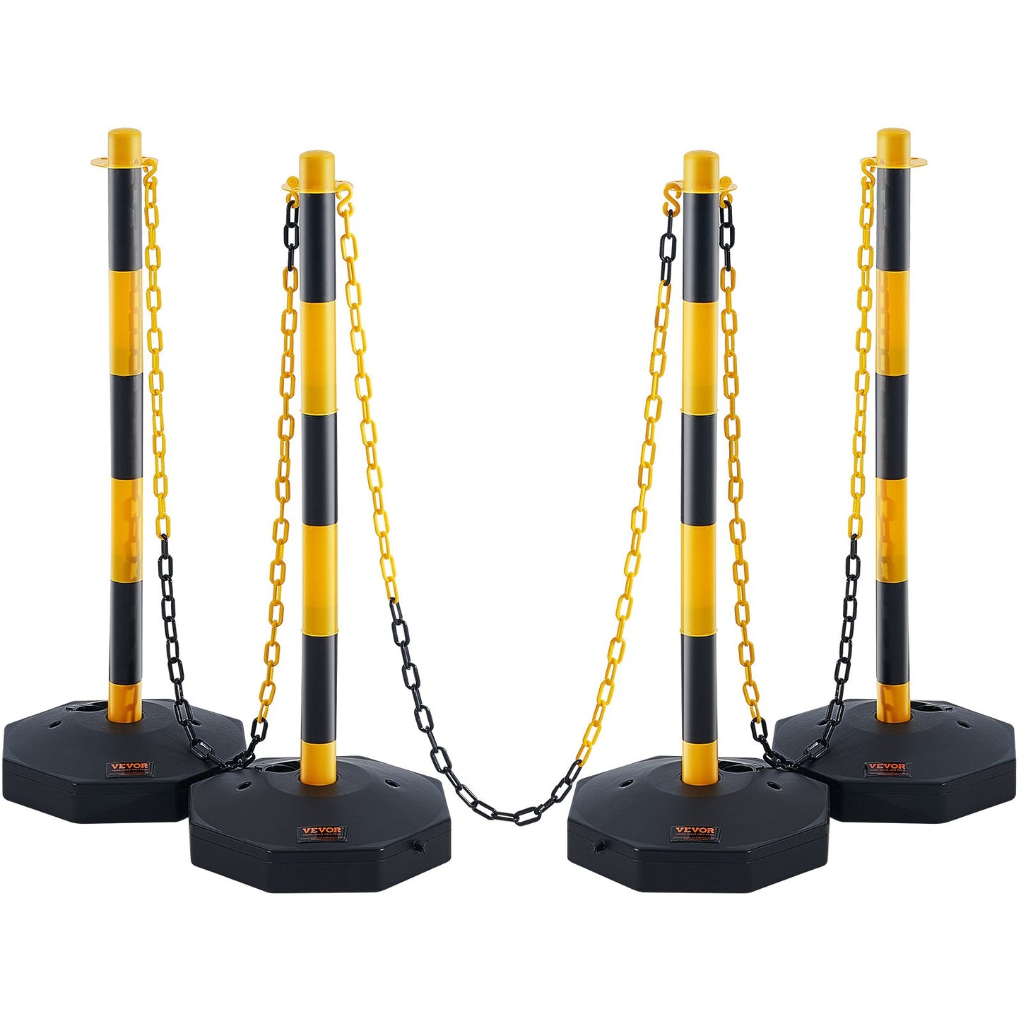 Adjustable Traffic Delineator Post Cones, 4 Pack, Traffic Safety Delineator Barrier with Fillable Base 8FT Chain, for Traffic Control Warning Parking Lot Construction Caution Roads, Yellow&Black