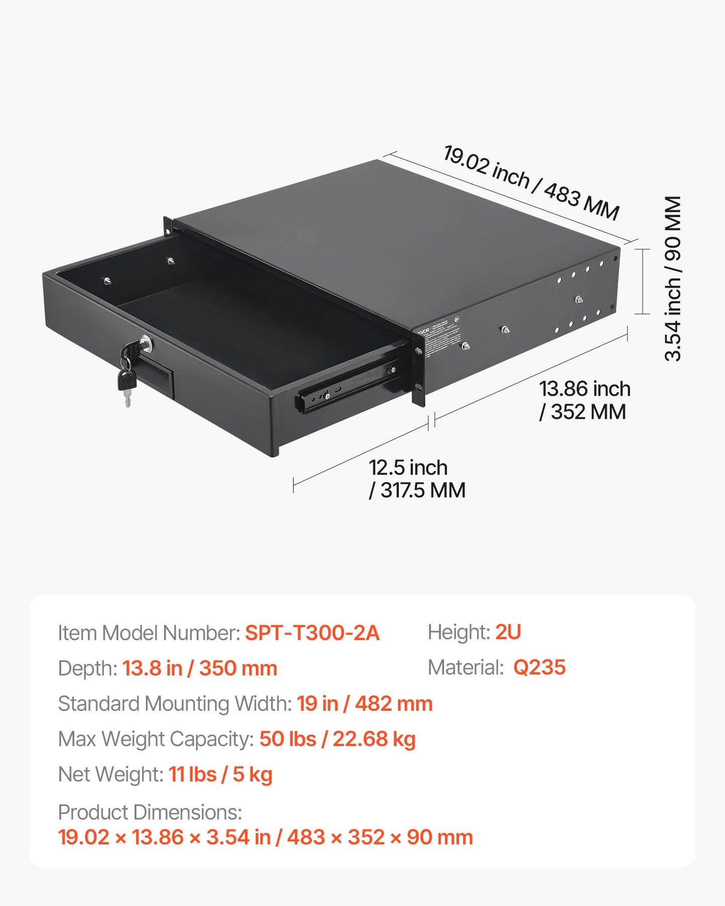 2U Rack Mount Drawer, 22.68 kg Max Load-Bearing, Lockable Server Cabinet Case, Sliding Drawer with Lock and Cable Management Holes, for Network Equipment Server AV Rack or Cabinet Enclosure