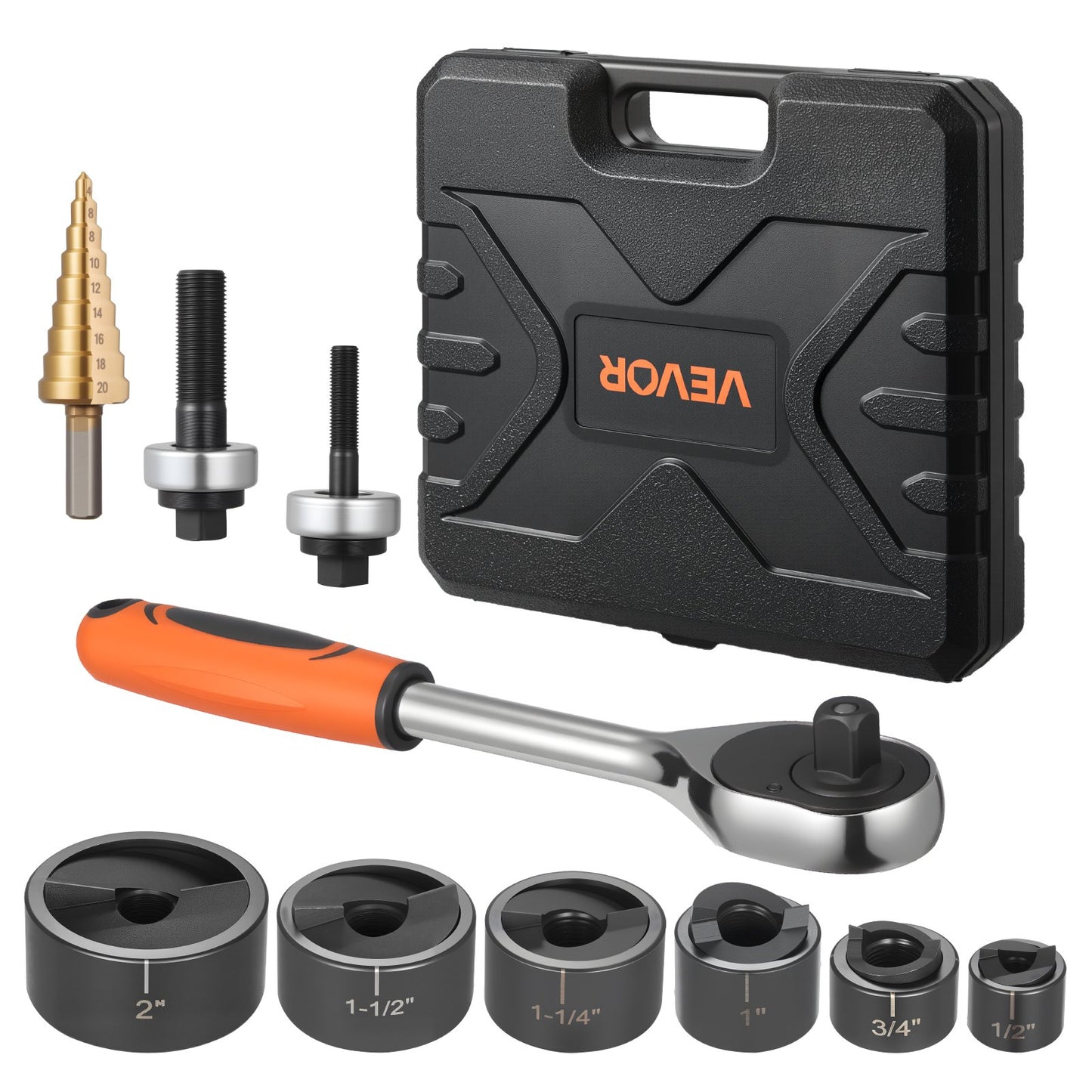 Knockout Punch Set, 12.7 to 50.8mm SLUG-Buster Ratchet Knockout Set, Ratchet Wrench Knockouts Punch Sets for Aluminum, Mild steel, Fiberglass, Plastics, 6 Die Sizes, 40Cr Steel Ko Tool Kit