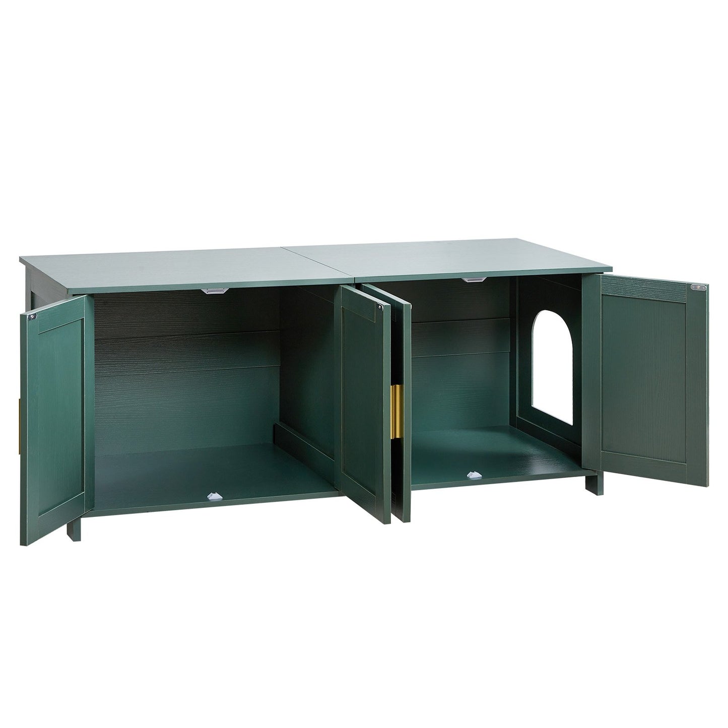 Cat Litter Box Enclosure for Multi Cats, 120cm Hidden Litter Box Cabinet with 4 Doors & 2 Entries, Indoor Cat Washroom, Wooden Kitty House Furniture Side Table, Fit Most Litterboxes, Green