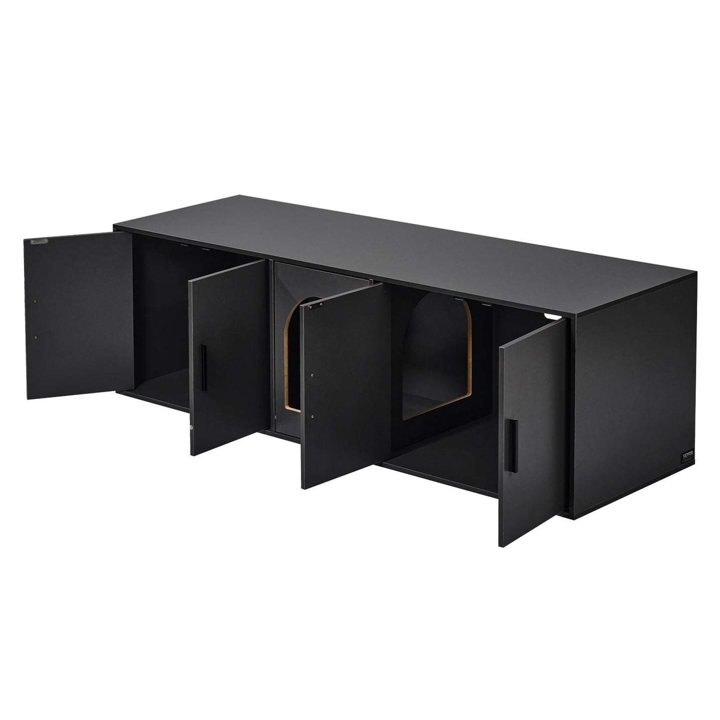 Cat Litter Box Enclosure for 2 Cats, 147 cm Hidden Litter Furniture, Double Room Large Cat Washroom Cabinet, Indoor Wooden Pet House TV Stand Side Table, Fit Most of Litterbox, Black