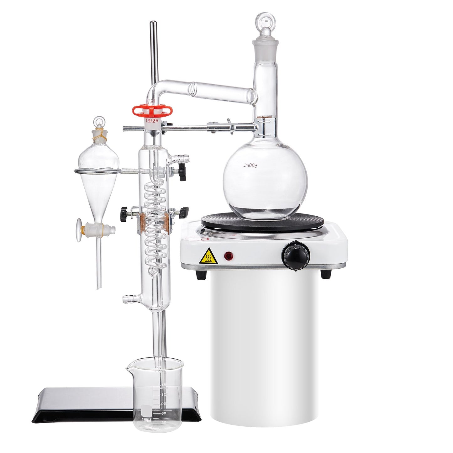 Essential Oil Distillation Kit, 500ml Distillation Apparatus, 3.3 Boro Lab Glassware Distillation Kit with 1000W Heating Plate and 24, 40 Joint, 33 pcs Set