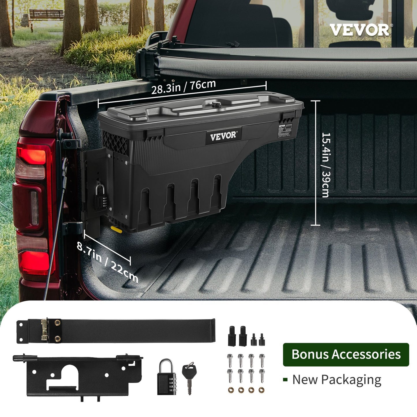 Truck Bed Storage Box, Lockable Lid, Waterproof ABS Wheel Well Tool Box 6.6 Gal/20 L with Password Padlock, Compatible with Dodge Ram 1500 2019-2021, Driver Side, Black