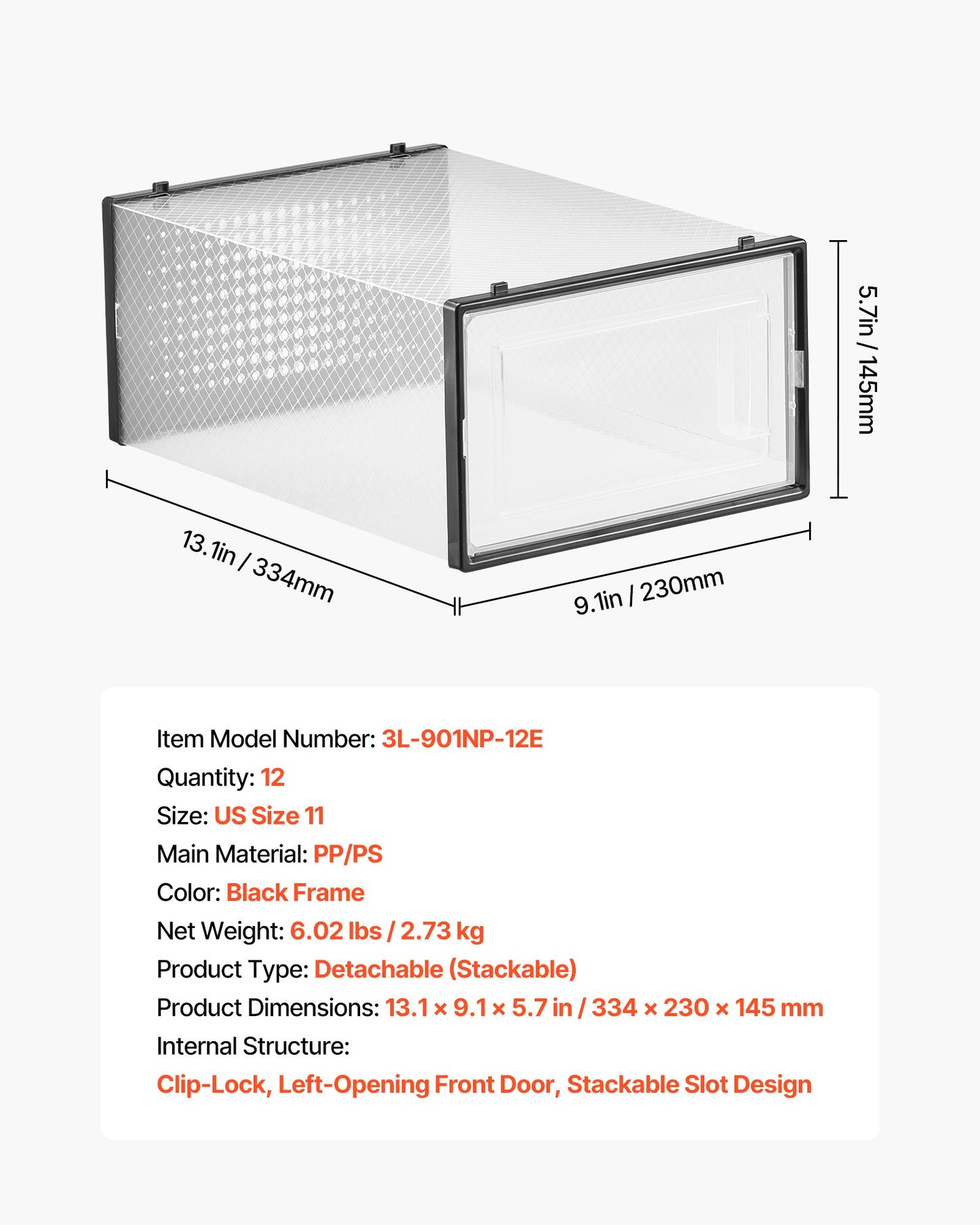 Shoe Storage Boxes, 12 Pack Stackable Shoe Boxes Storage Organizers, Fit up to US Size 11, Plastic Modular Space Saving Sneaker Containers for Storing High Heels, Boots, and Hats, Black Frame