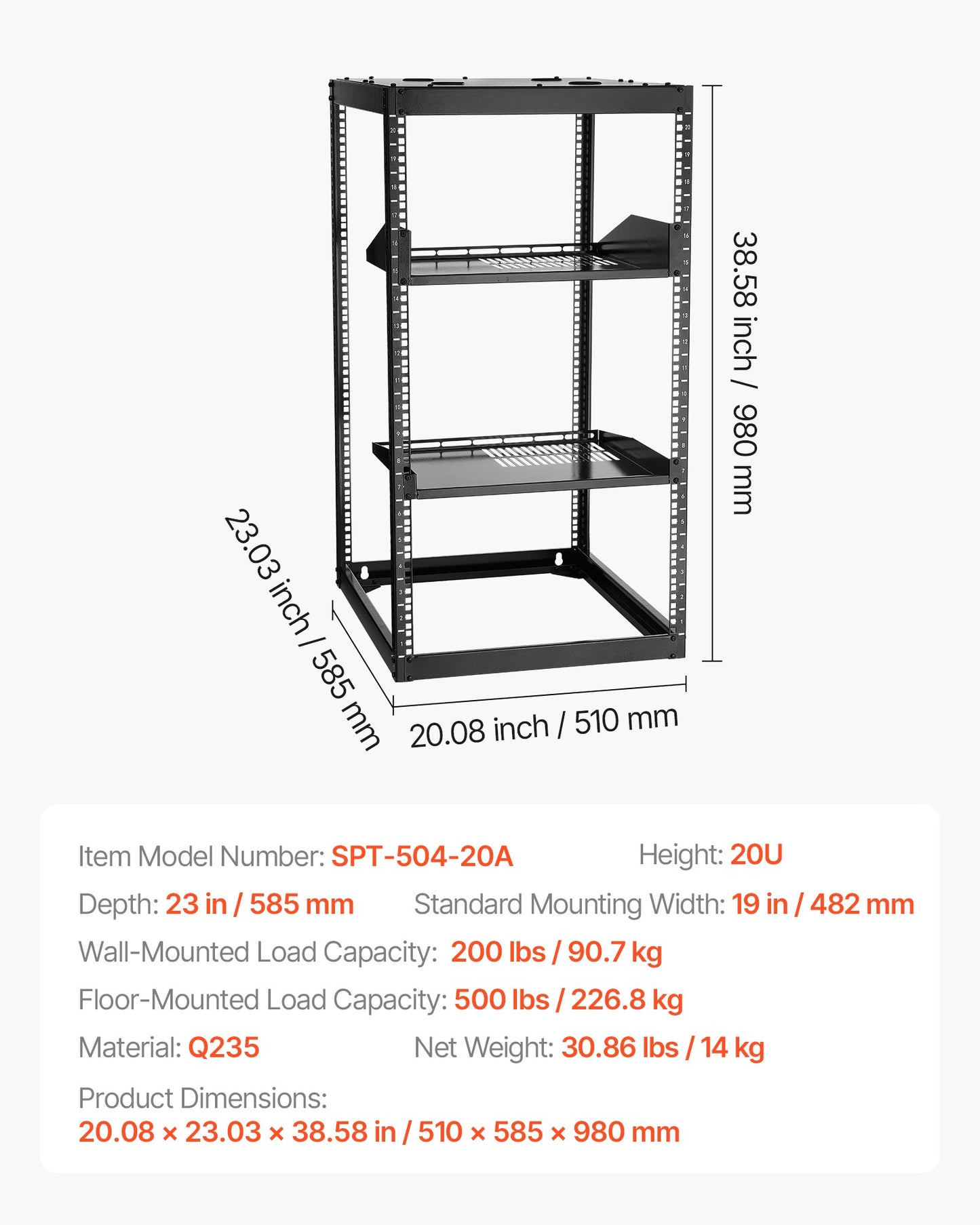 20U Open Frame Network Rack, 585 mm Depth, Wall Mounted or Floor Standing Server Rack, Heavy Duty 4 Post, with Vented Shelves & Mounting Hardware, Holds All Your Networking IT Equipment AV Gear