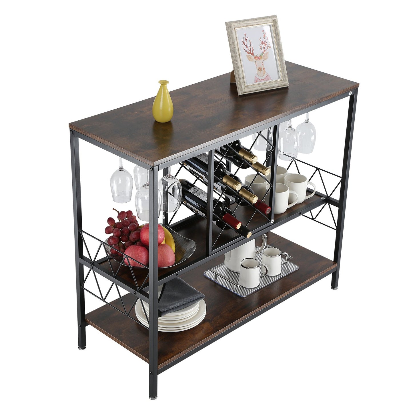 40 Inch Industrial Bar Cabinet, Wine Table for Liquor and Glasses, Sideboard Buffet Cabinet with Glass Holder & Wine Rack, Freestanding Farmhouse Wood Coffee Bar Cabinet for Living Room Home Bar