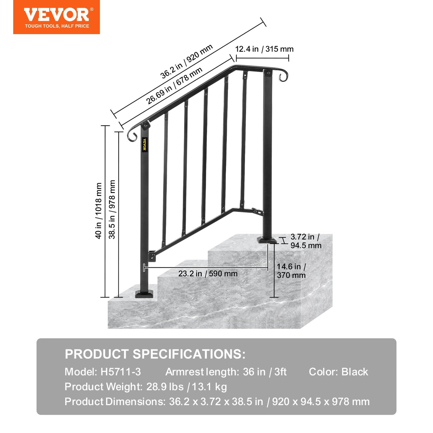 Iron X Handrail Picket #2 Railing Rail Fits 2 Steps