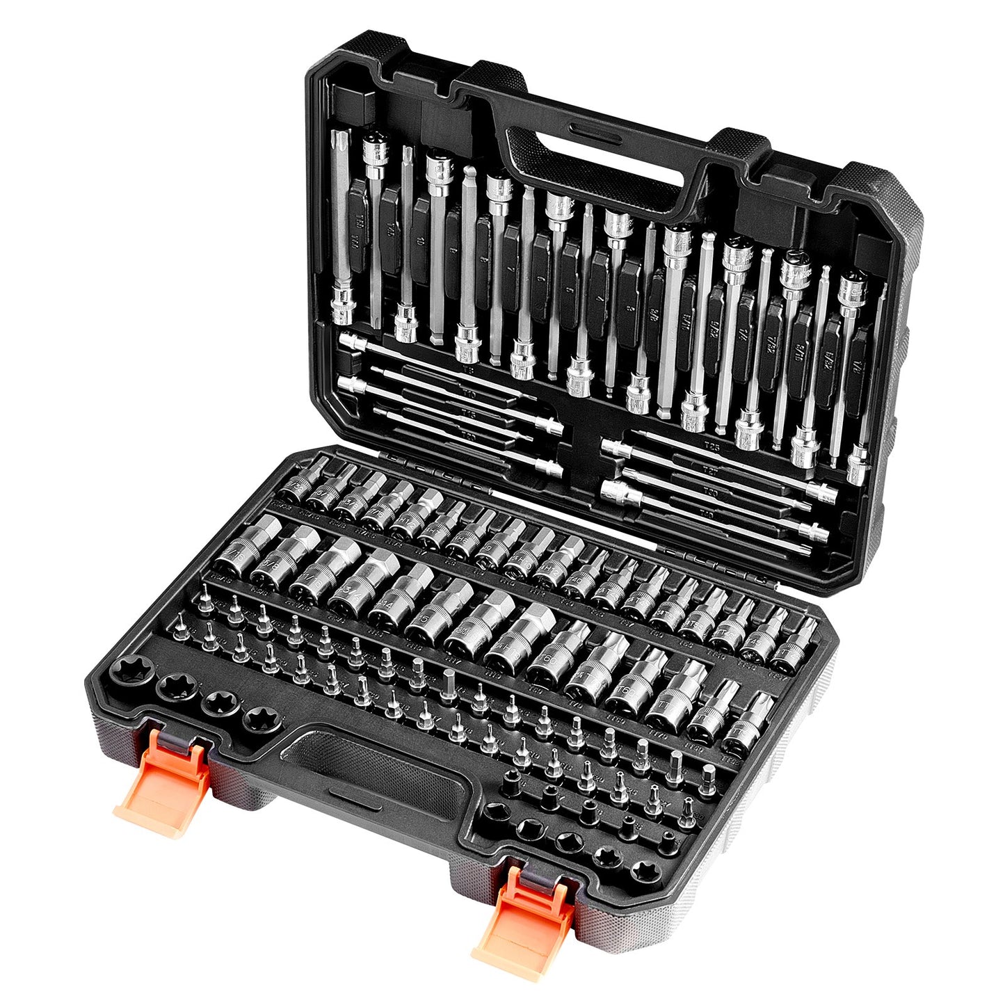 Bit Socket Set, 107-Piece SAE and Metric, Hex/Torx/External Torx/Tamper-Proof/Extra Long, S2 Alloy Steel and Cr-V Steel, 1/4 in, 3/8 in, and 1/2 in Drives, with Enhanced Storage Case, Hand Use