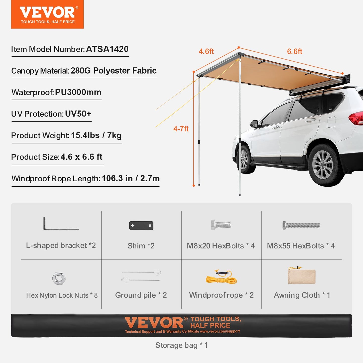 Car Side Awning, Large 4.6'x6.6' Shade Coverage Vehicle Awning, PU3000mm UV50+ Retractable Car Awning with Waterproof Storage Bag, Suitable for Truck, SUV, Van, Campers