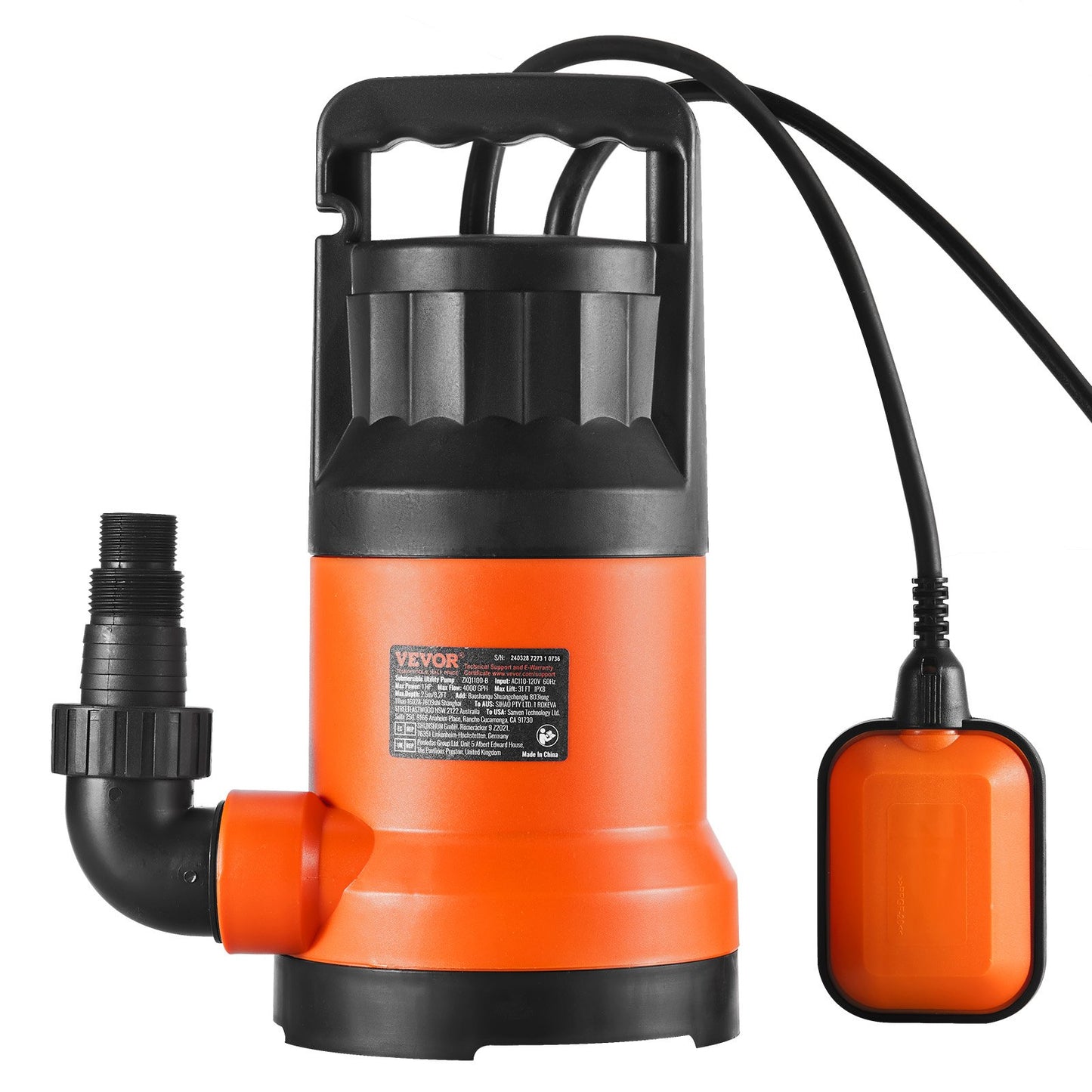 Submersible Utility Pump Sump Pump 400W 2510 GPH/9506 LPH 26 ft/7.9 m Head Water Pump