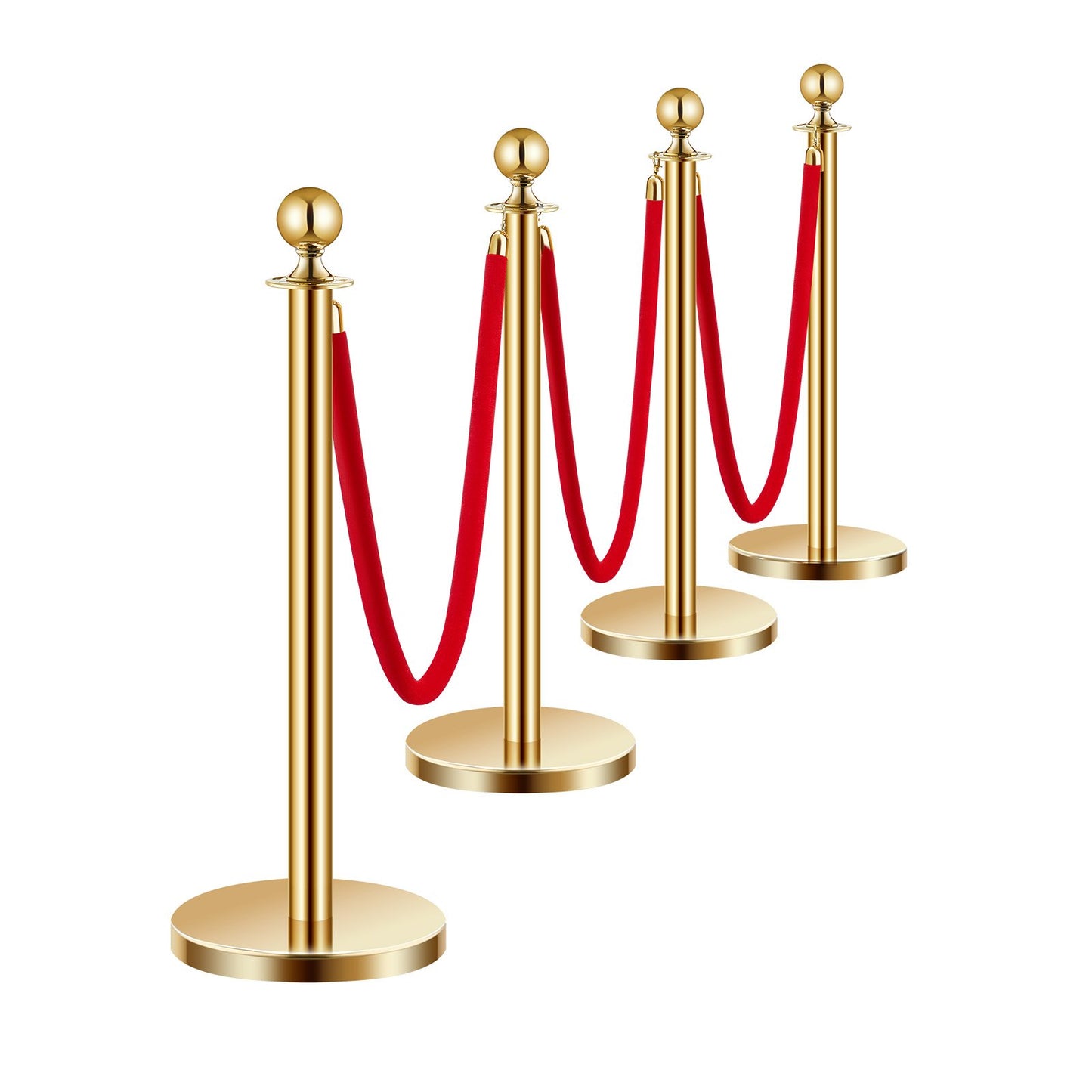Stanchion Post, 4 Pcs Crowd Control Barrier Set with 3 Red Velvet Ropes, 5 ft Stainless Steel Gold Stanchion Post Queue with Sand Injection Hollow Base for Theater, Party, Wedding, Exhibition