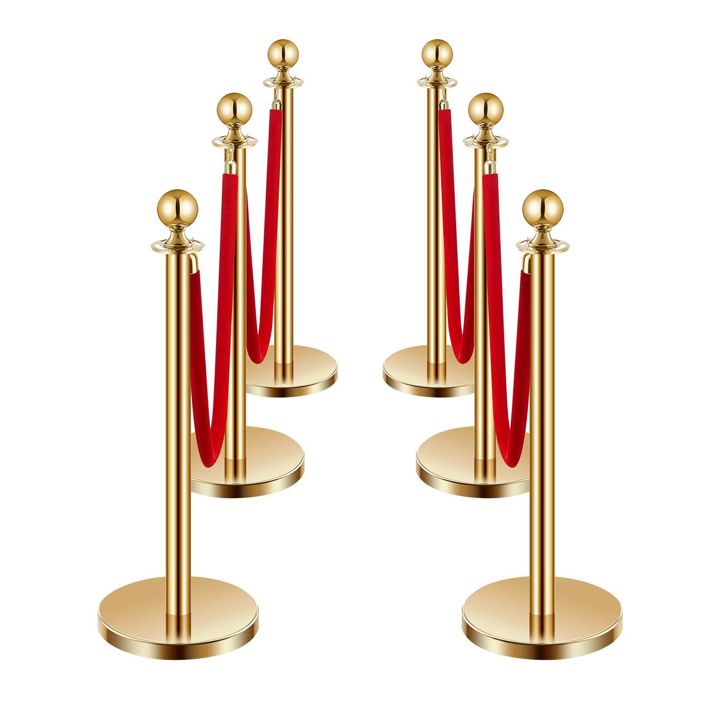 Stanchions and Velvet Ropes 6Pcs, Hollow Base with Stainless Steel Post, 4 Red Velvet Ropes and Posts, Crowd Control Barriers Gold Stanchions, Red Carpet Runner Poles for Party Supplies