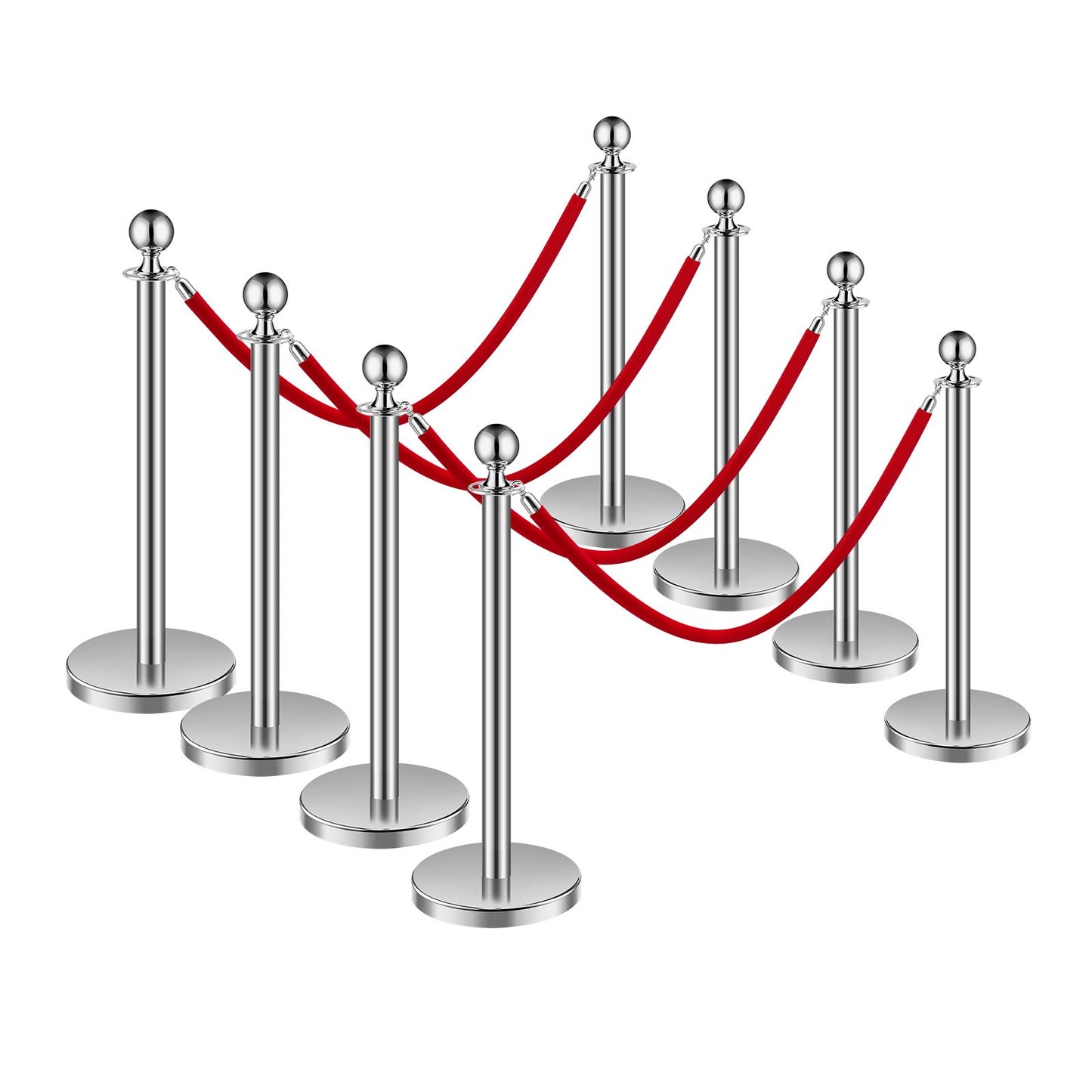 Stanchion Post, 8 Pcs Crowd Control Barrier Set with 4 Red Velvet Ropes, 5 ft Stainless Steel Silver Stanchion Post Queue with Sand Injection Hollow Base for Theater, Party, Wedding, Exhibition
