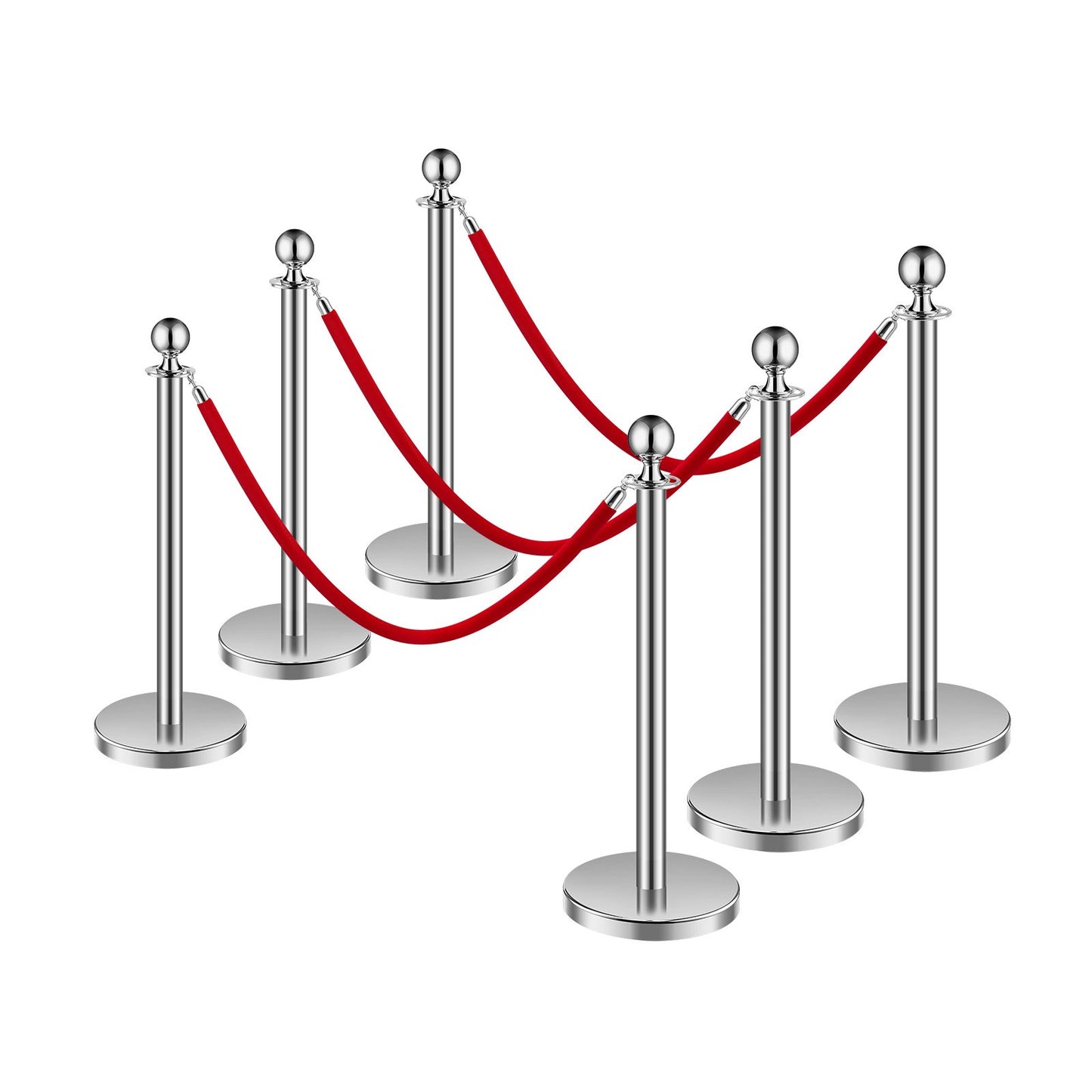 Stanchion Post, 6 Pcs Crowd Control Barrier Set with 3 Red Velvet Ropes, 5 ft Stainless Steel Silver Stanchion Post Queue with Sand Injection Hollow Base for Theater, Party, Wedding, Exhibition