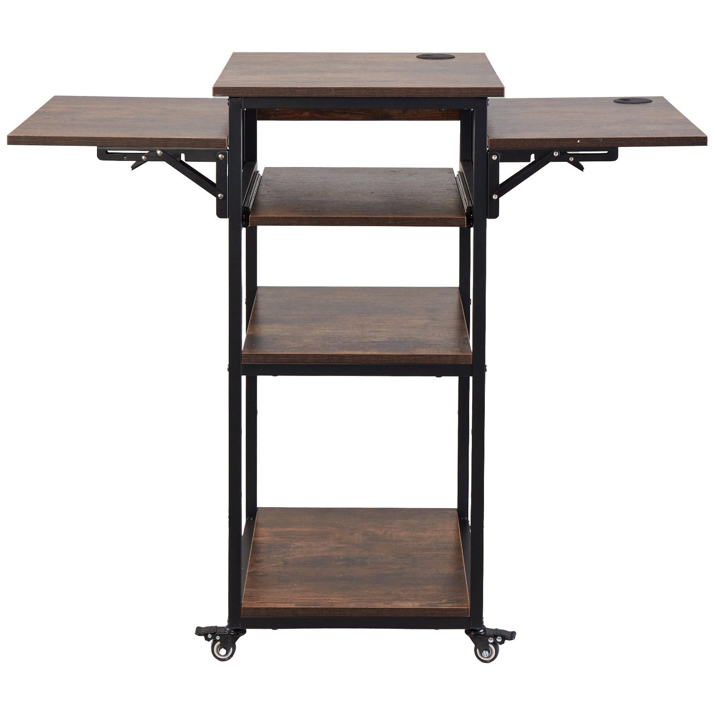 Heat Press Table with Charging Station, 4 Tier Movable Heat Press Stand, Foldable Heat Transfer Machine Stand with Wheels, Rolling Metal Workbench for Sublimation Transfer Machine, Brown