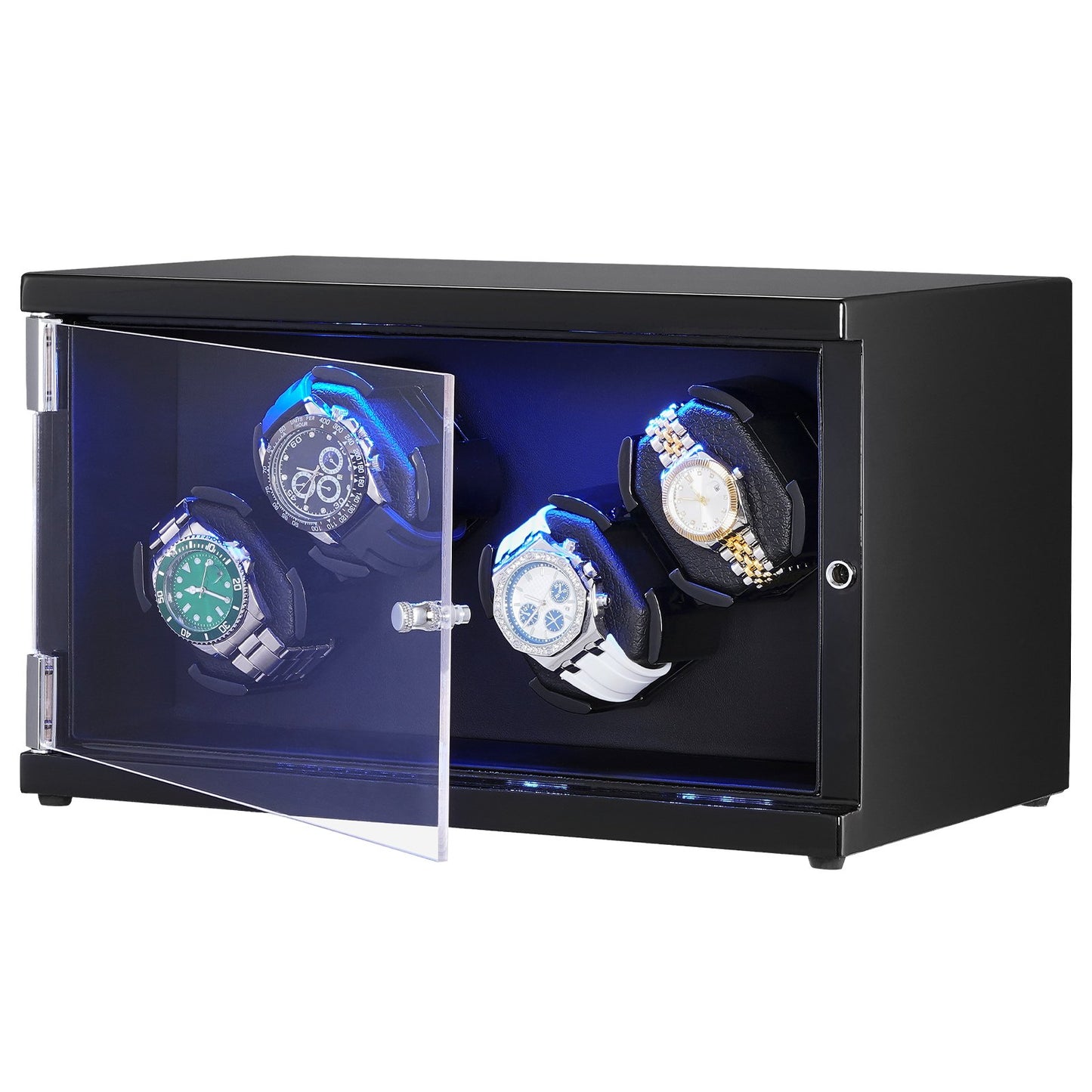 Watch Winder, Watch Winder for 4 Men's and Women's Automatic Watches, with 2 Super Quiet Japanese Mabuchi Motors, Blue LED Light and Adapter, High-Density Board Shell and Black PU