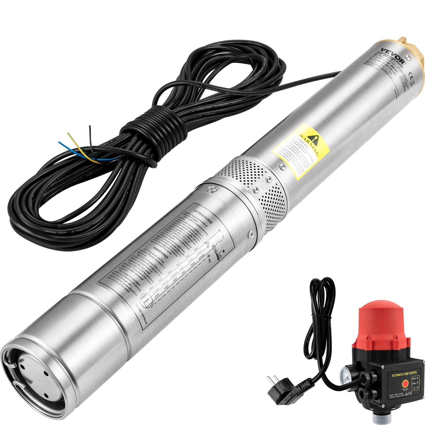 Deep Well Submersible Pump, 750W 230V/50Hz, 105L/min 62 m Head, 20 m Cord & Automatic Pressure Switch, 8.9 cm Stainless Steel Water Pumps for Industrial, Irrigation & Home Use, IP68 Waterproof