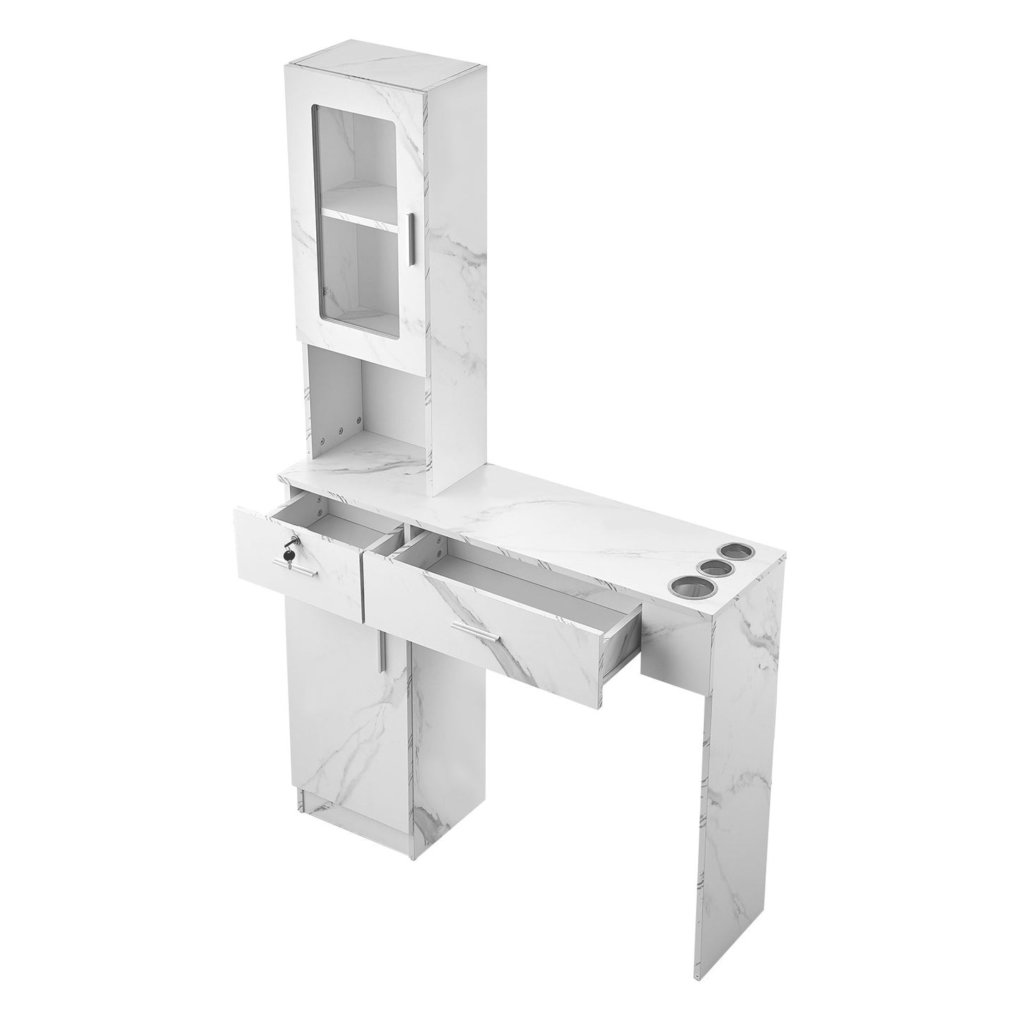 Salon Station, Wall Mount Barber Salon Station for Hair Stylist, Beauty Spa Furniture Set, 1 Storage Cabinet, 3 Cubbies and 2 Drawers(One Lockable), White