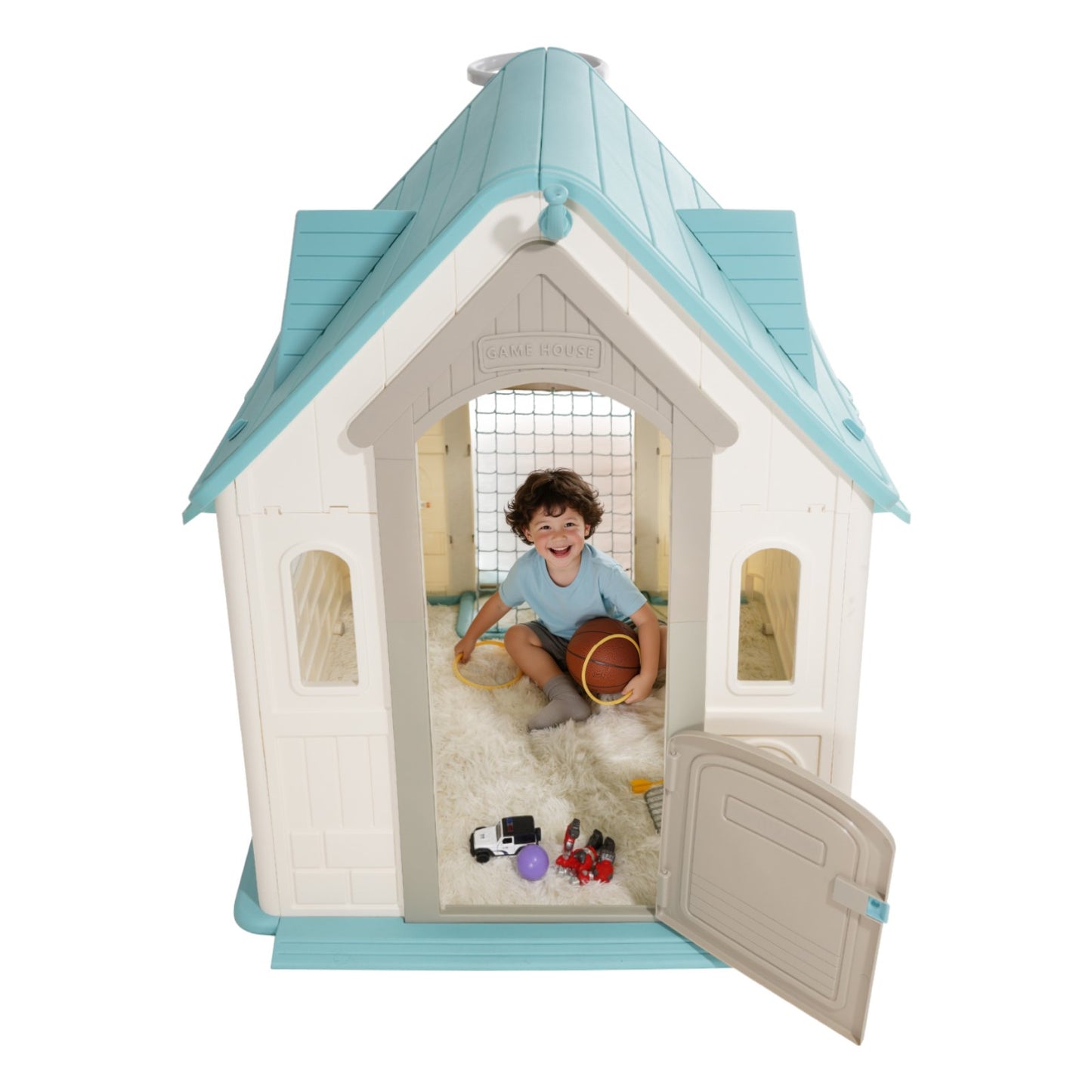 Outdoor Playhouse, 5-In-1 Cottage Play House with Pretend Play, Basketball, Darts, Soccer, Ring Toss, Window & Convenient Door, Toddler Slide Set for Aged 2+, Smooth Edges, Polypropylene Plastic