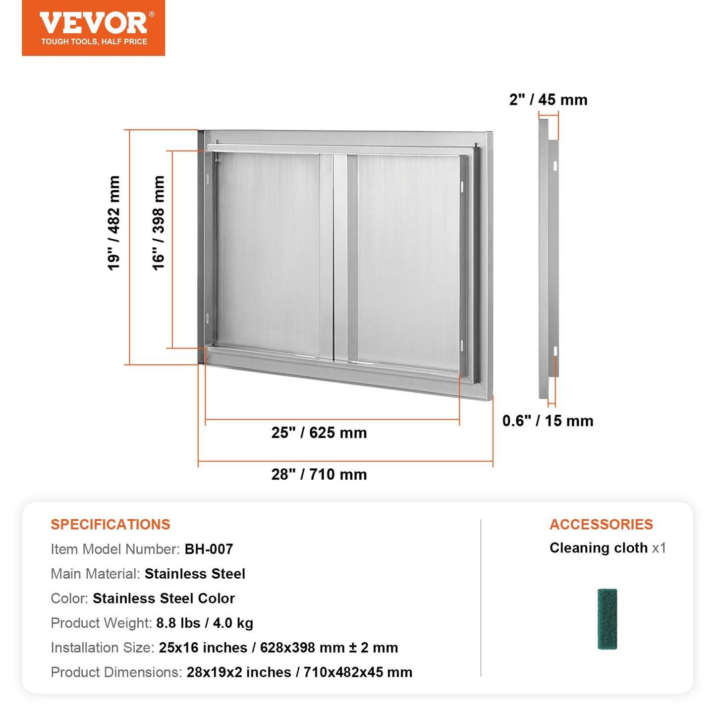 BBQ Access Door, 710x482 mm Double Outdoor Kitchen Door, Stainless Steel Flush Mount Door, Wall Vertical Door with Recessed Handles , for BBQ Island, Grilling Station, Outside Cabinet