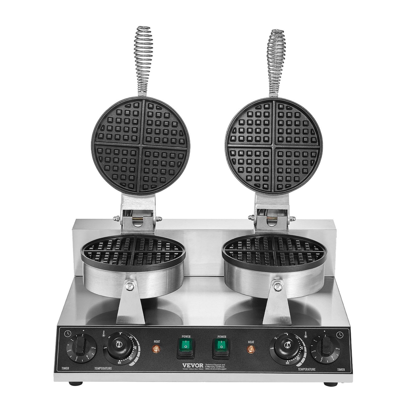 Commercial Waffle Maker, Dual-Head Round Waffle Baker Machine, 2460W Non-Stick Stainless Steel Belgian Waffle Iron with Temp and Time Control, Handle, for Restaurant Bakery Snack Bar Family
